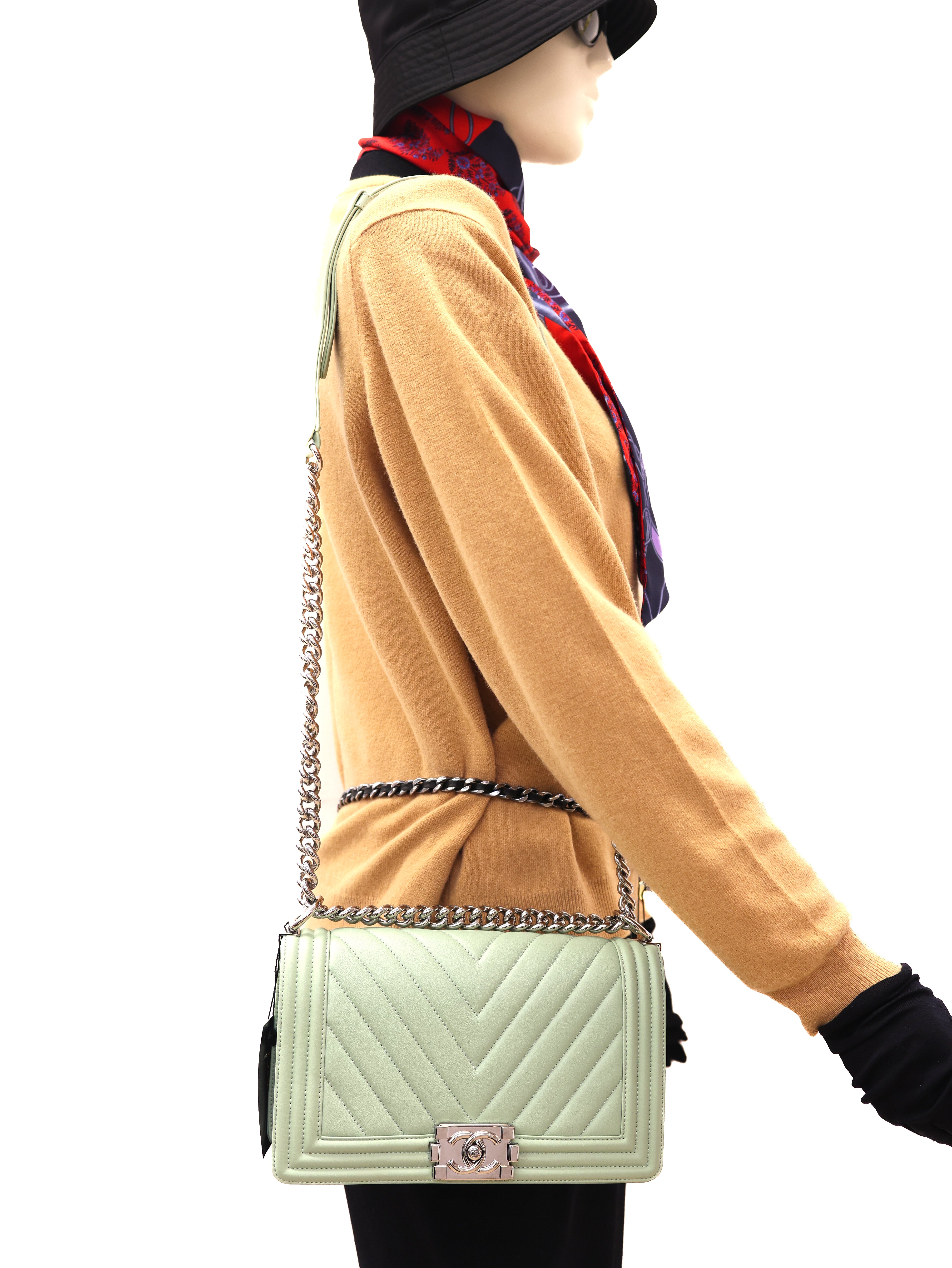 Chanel Calfskin Chevron Quilted Medium Boy Flap Light Green