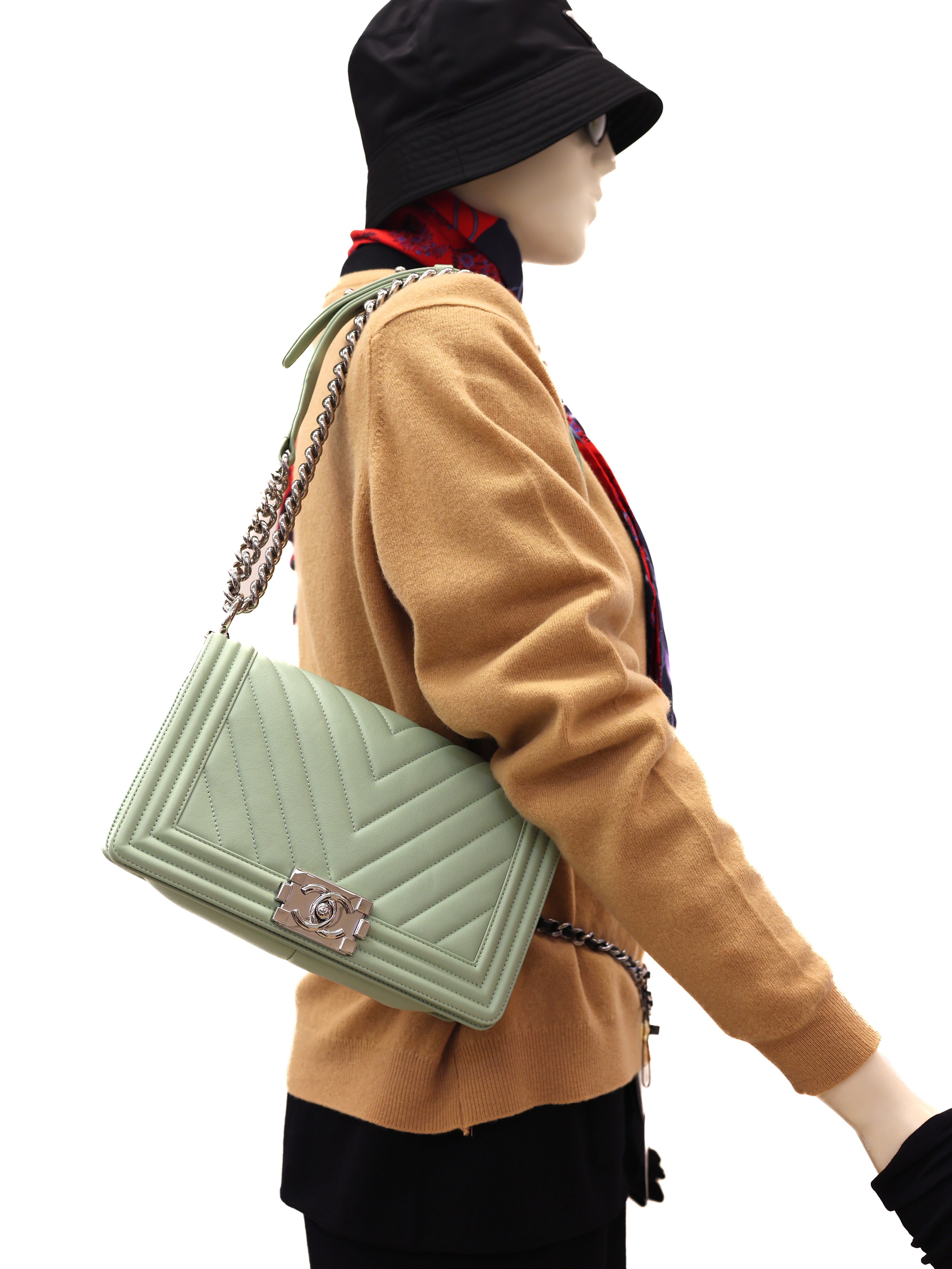 Chanel Calfskin Chevron Quilted Medium Boy Flap Light Green