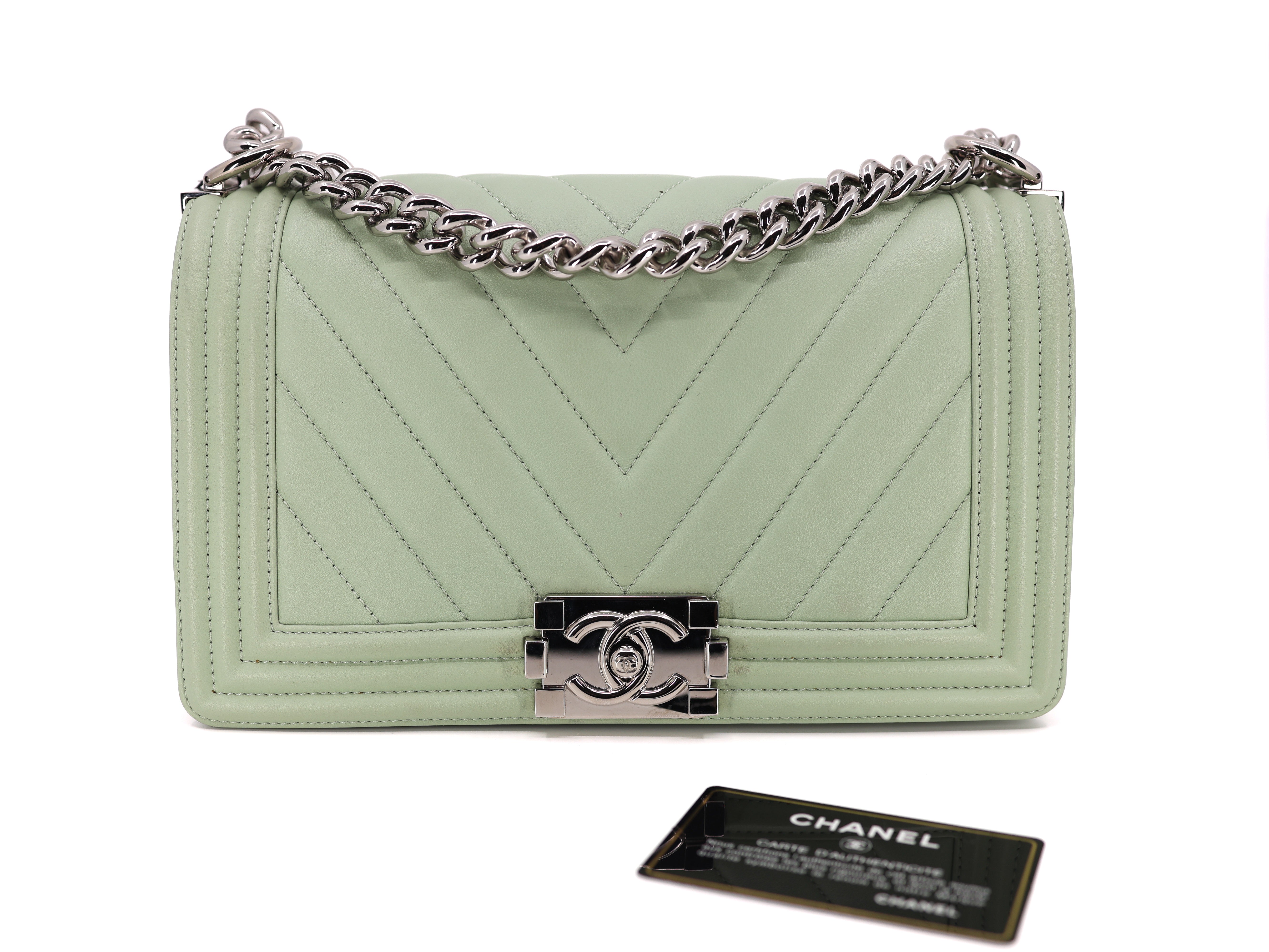 Chanel Calfskin Chevron Quilted Medium Boy Flap Light Green