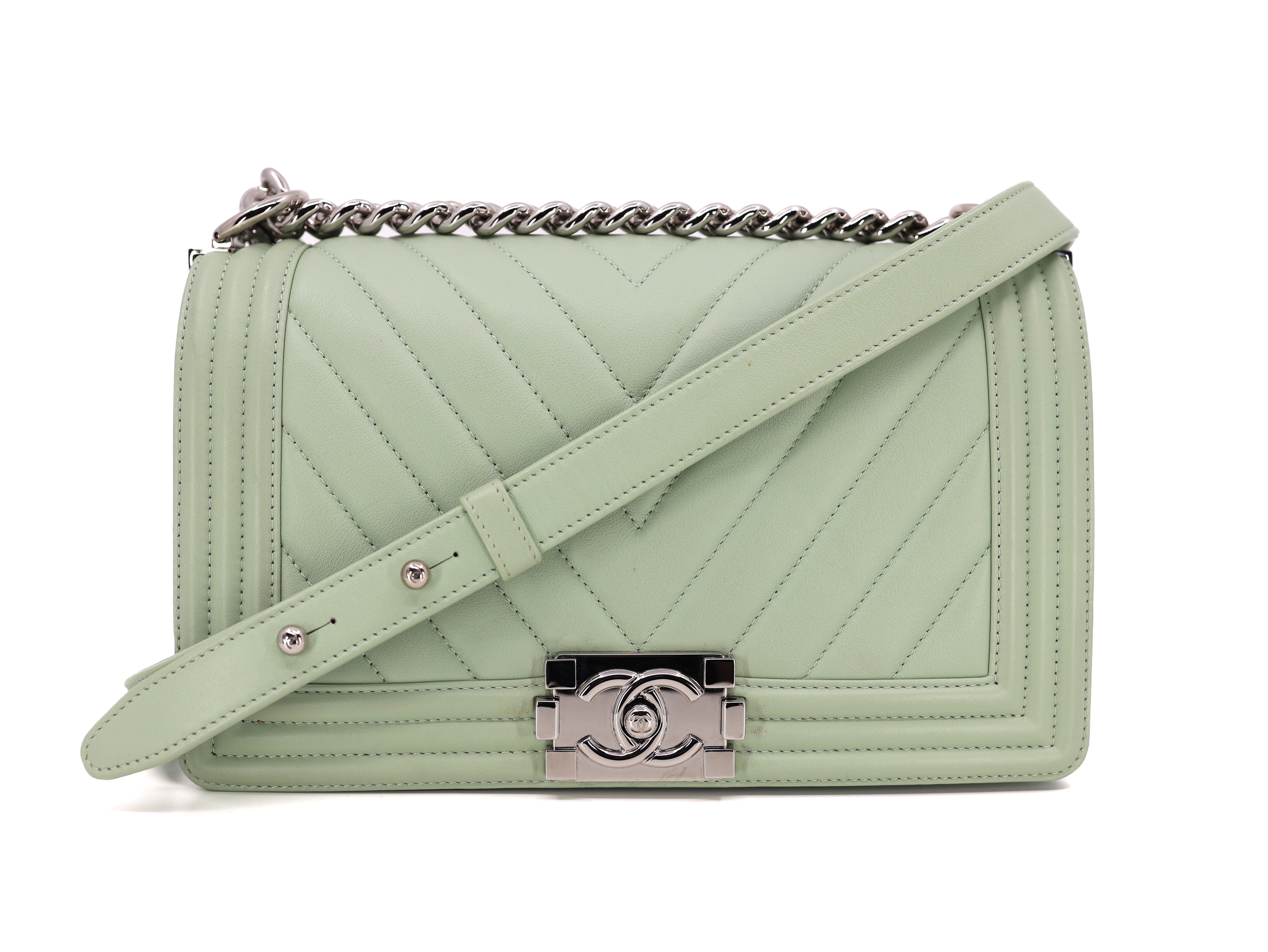 Chanel Calfskin Chevron Quilted Medium Boy Flap Light Green