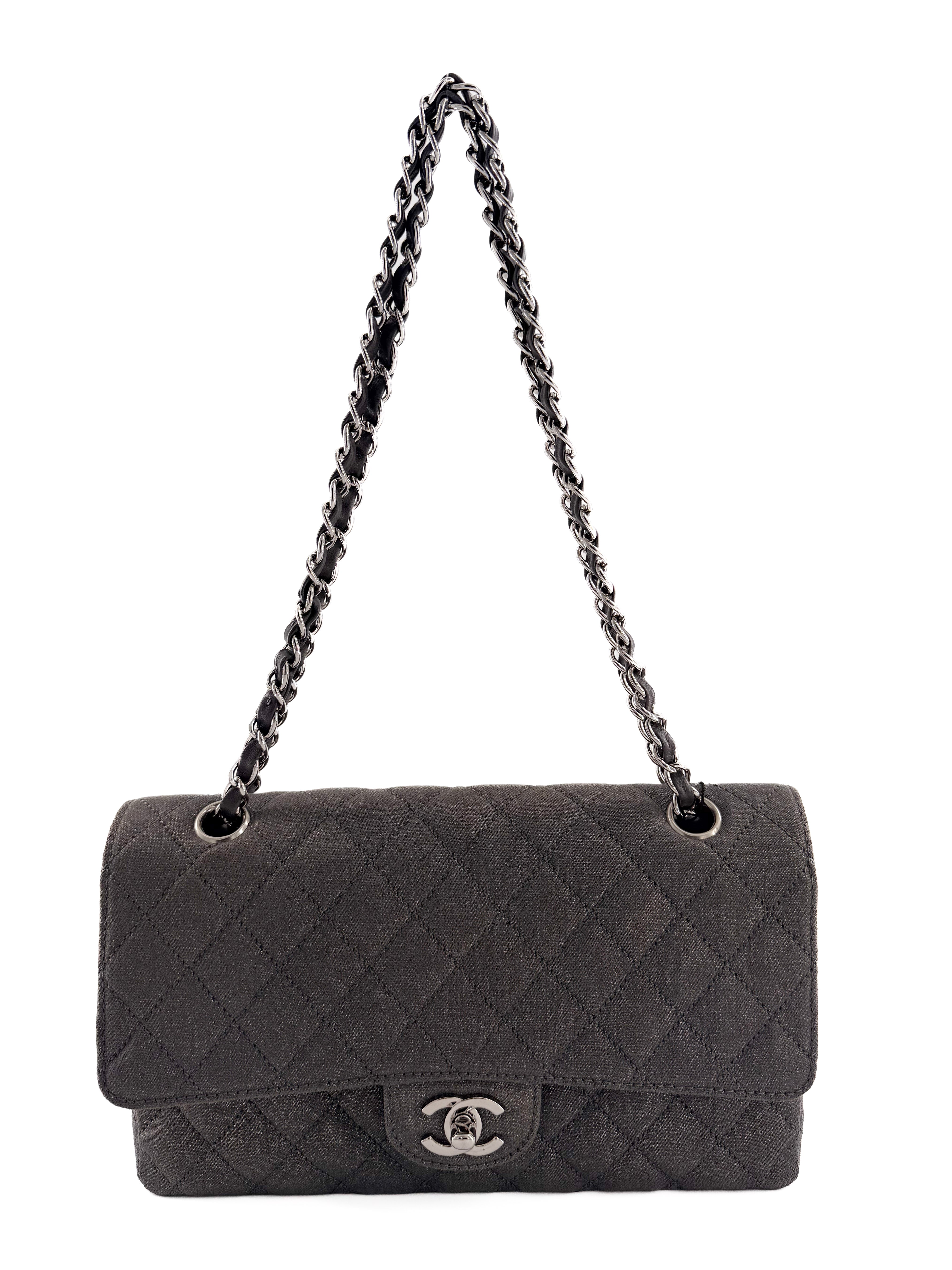 Chanel Medium Denim Classic Double Flap Bag Grey Glitter