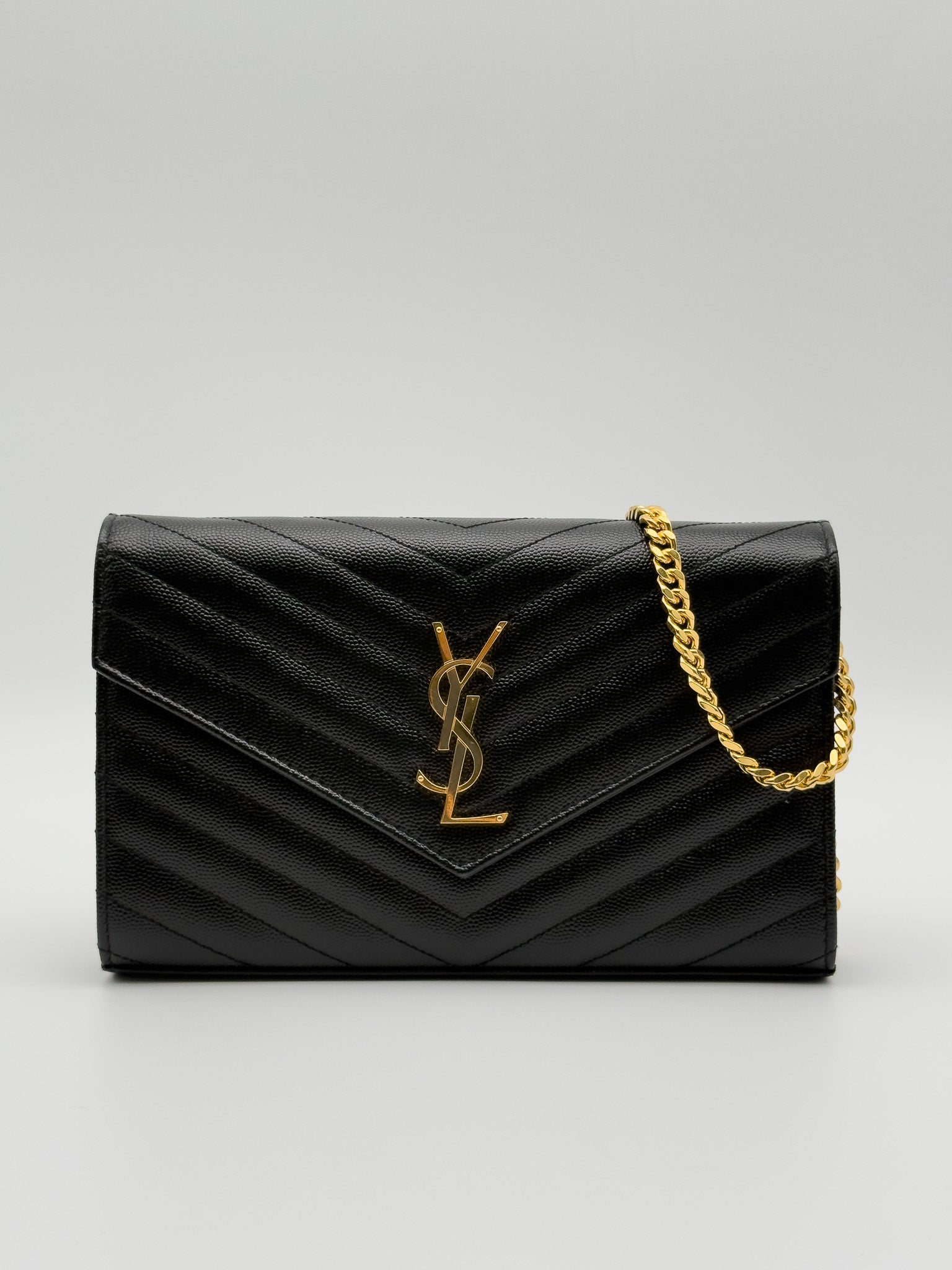 Yves Saint Laurent Black Quilted Grained Leather Envelope Wallet on Chain