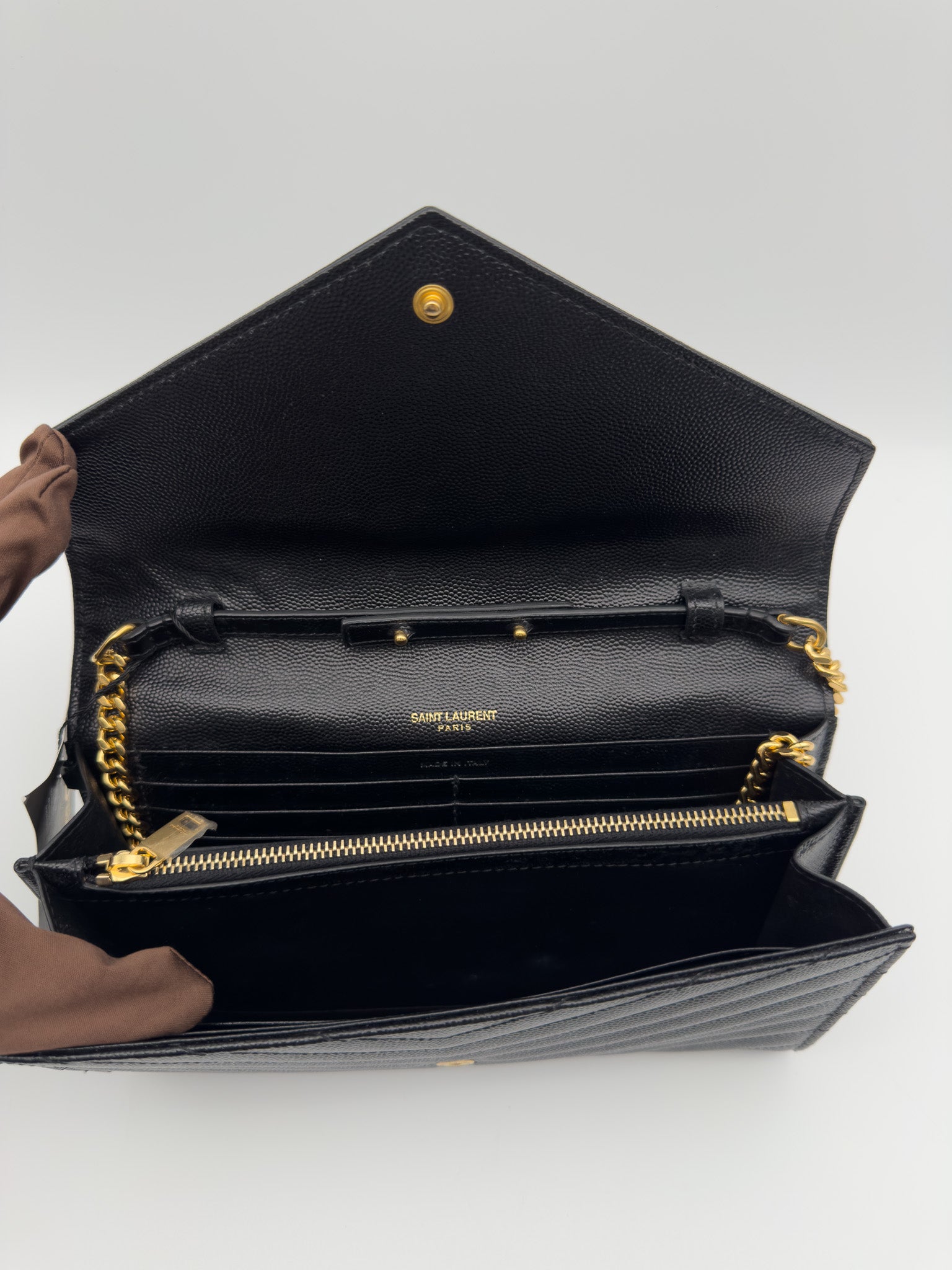 Yves Saint Laurent Black Quilted Grained Leather Envelope Wallet on Chain