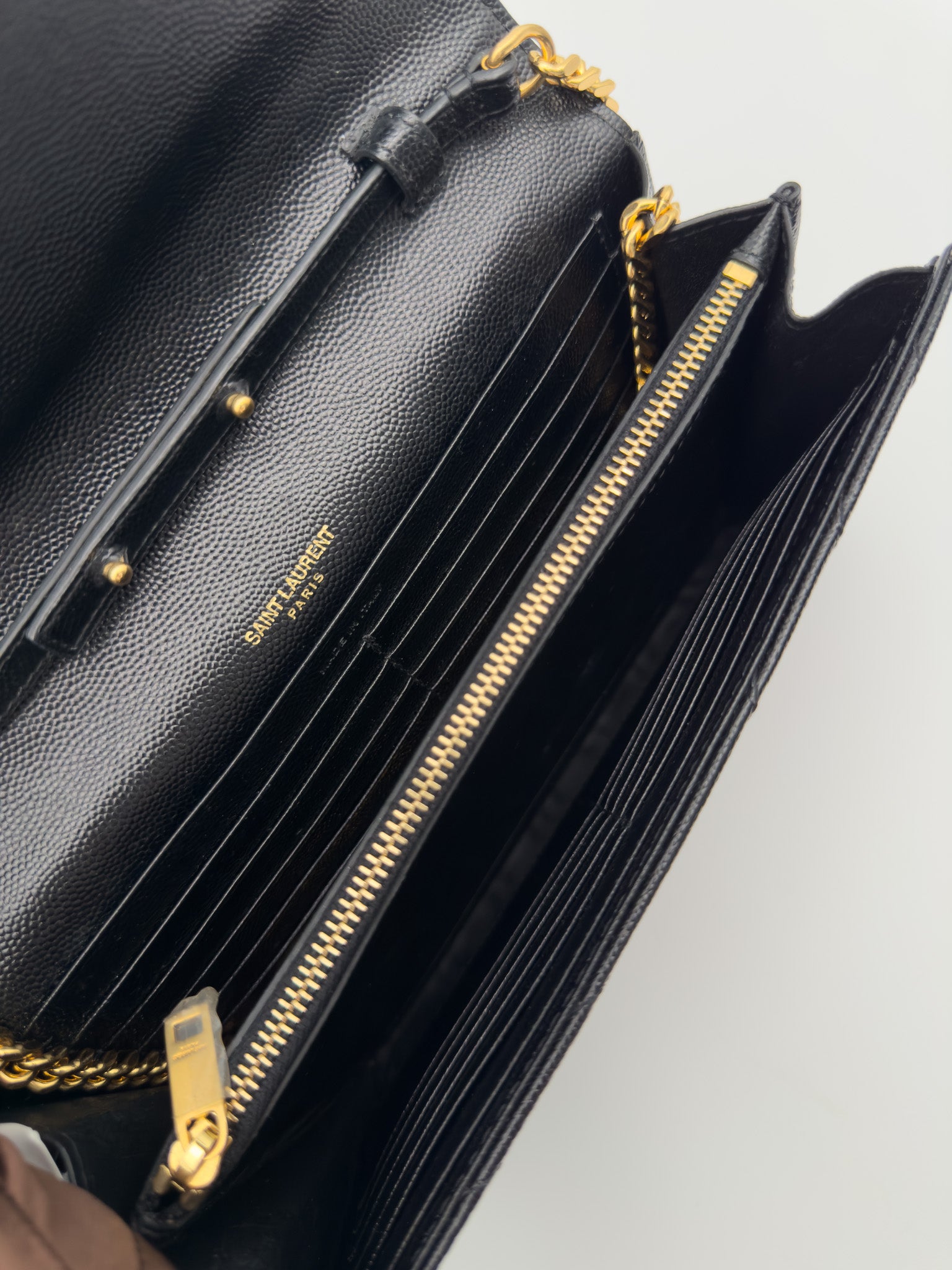 Yves Saint Laurent Black Quilted Grained Leather Envelope Wallet on Chain