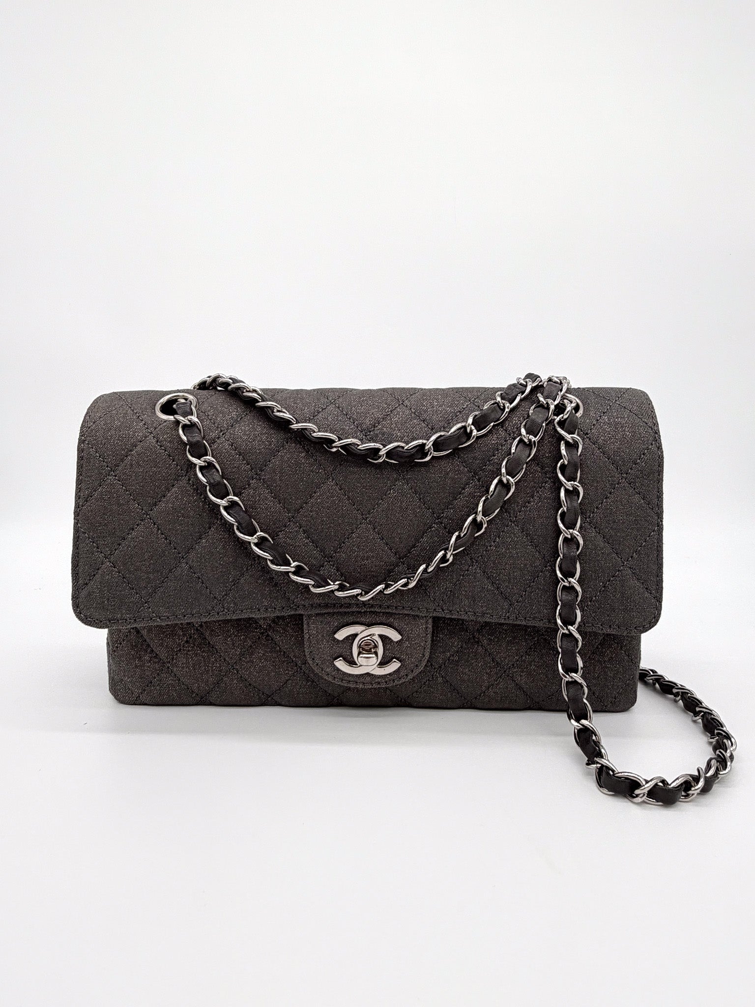 Chanel Denim Classic Double Flap Bag in Metallic Grey