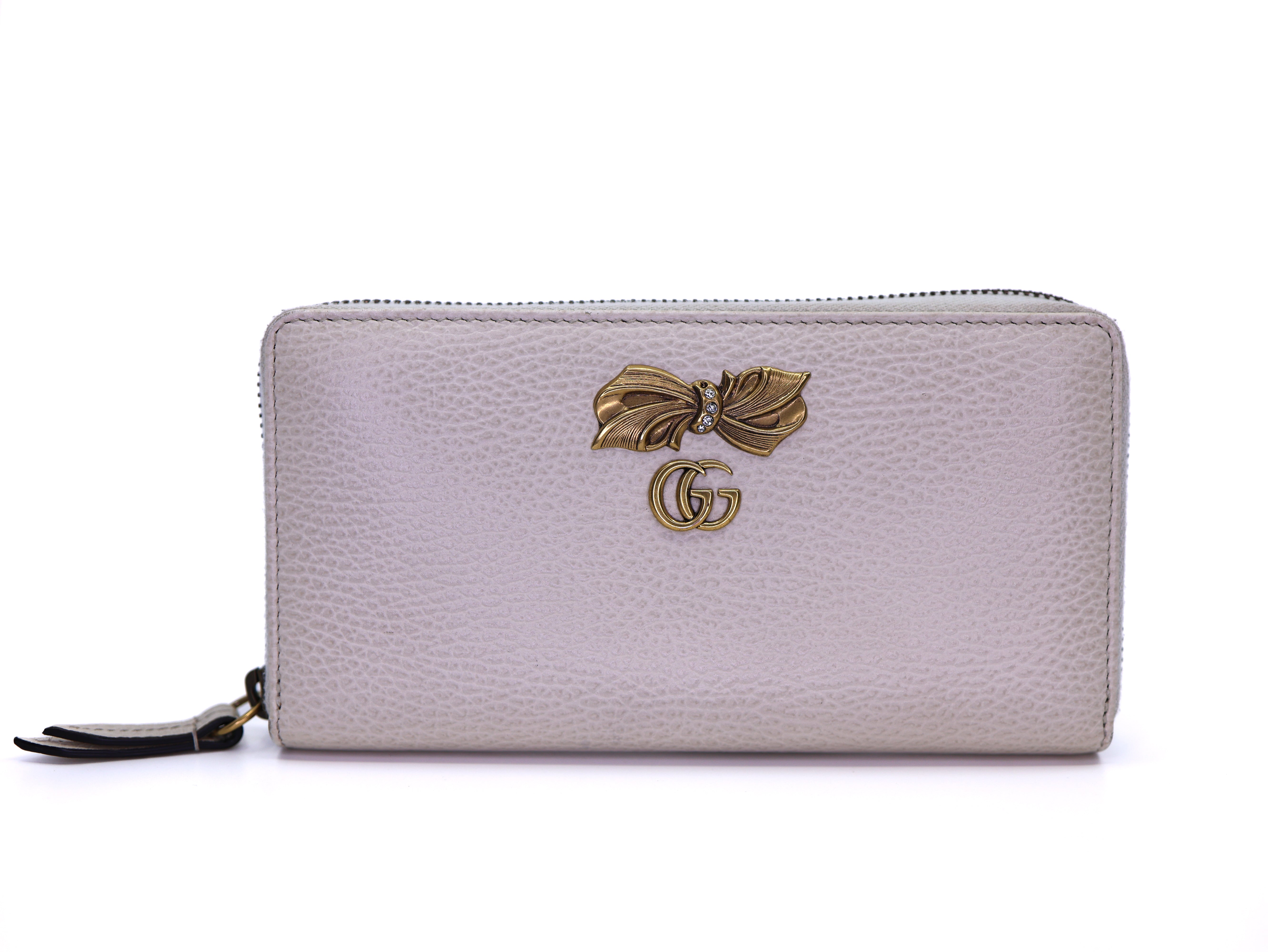 Gucci Calfskin GG Marmont Bow Zip Around Wallet Ivory