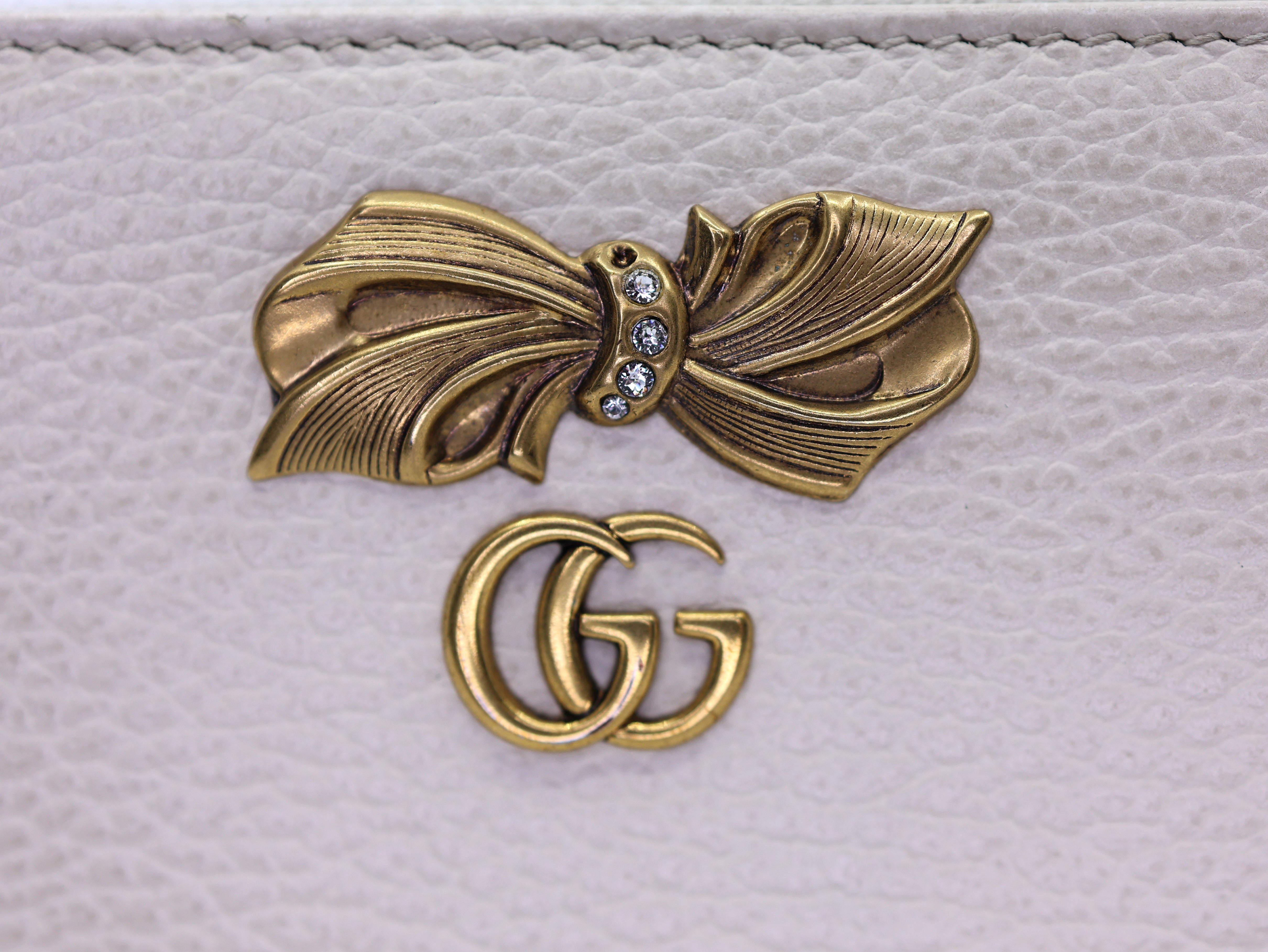 Gucci Calfskin GG Marmont Bow Zip Around Wallet Ivory