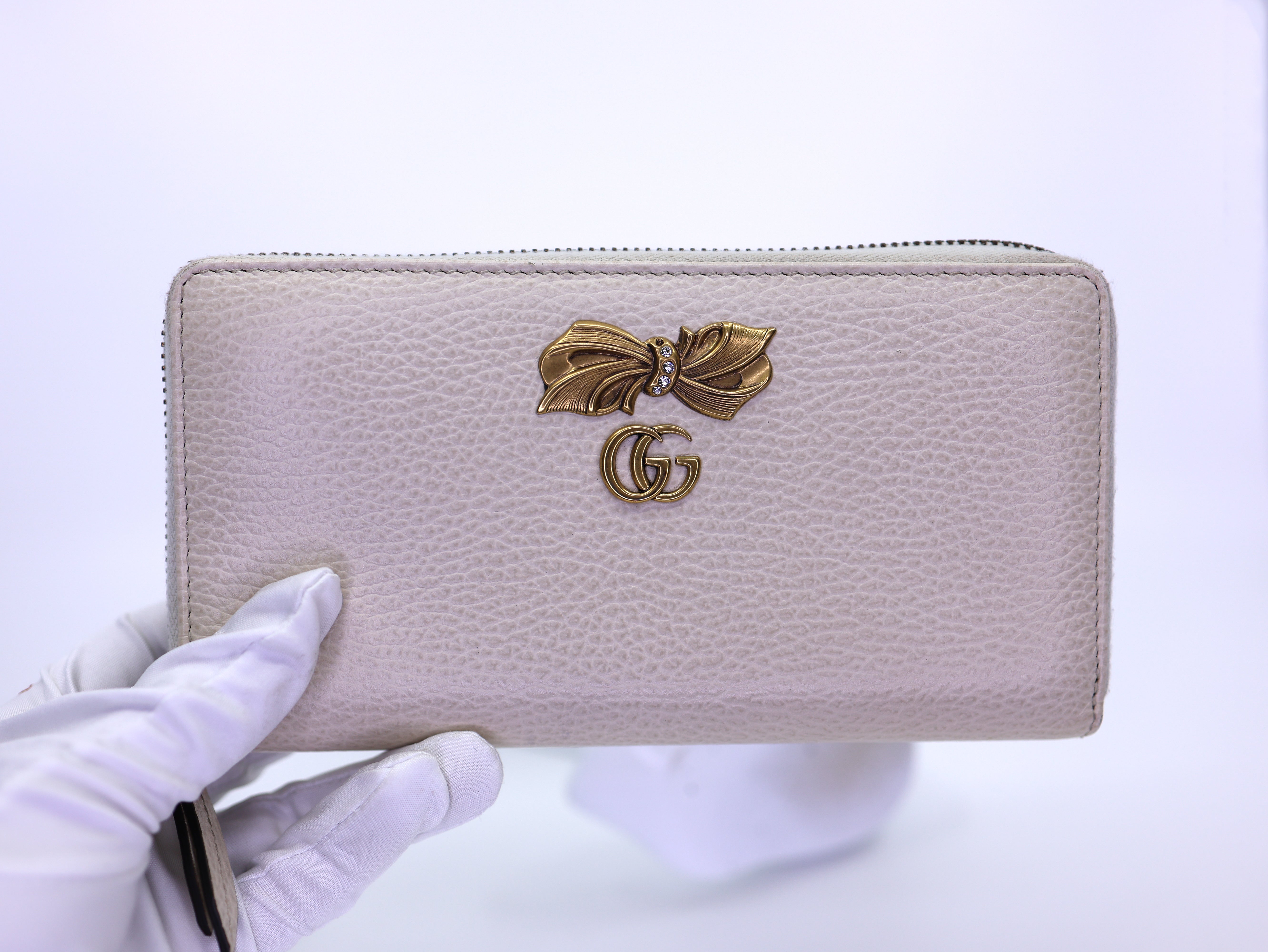 Gucci Calfskin GG Marmont Bow Zip Around Wallet Ivory