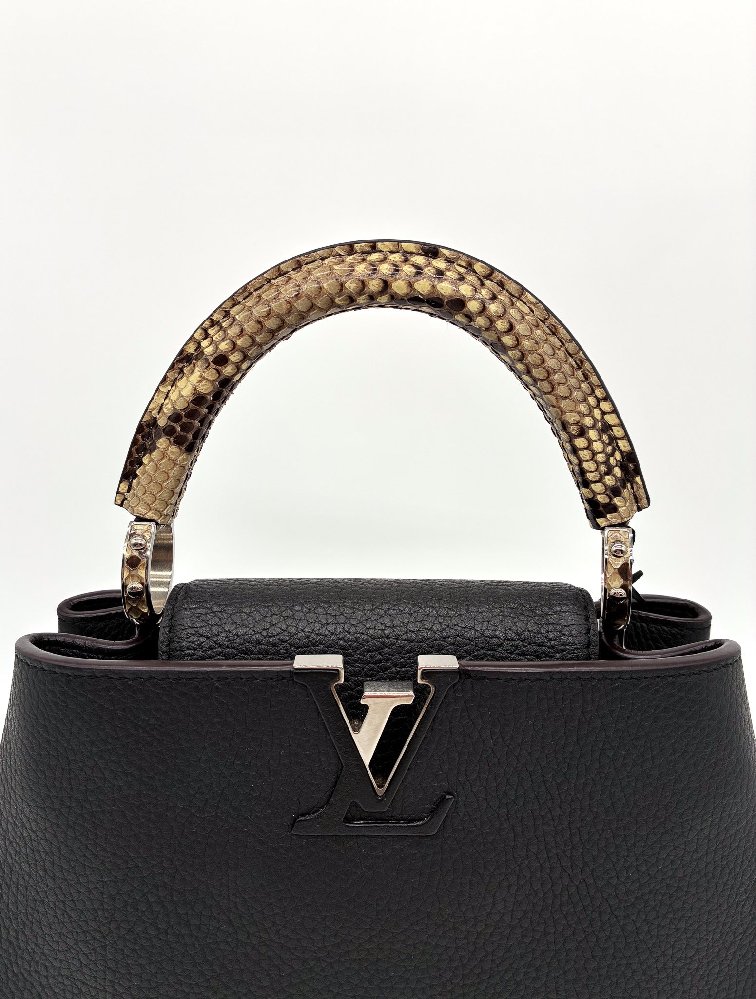 LOUIS VUITTON Capucines BB Handbag in Black Taurillon Leather with Phyton Skin Top Handle SHW