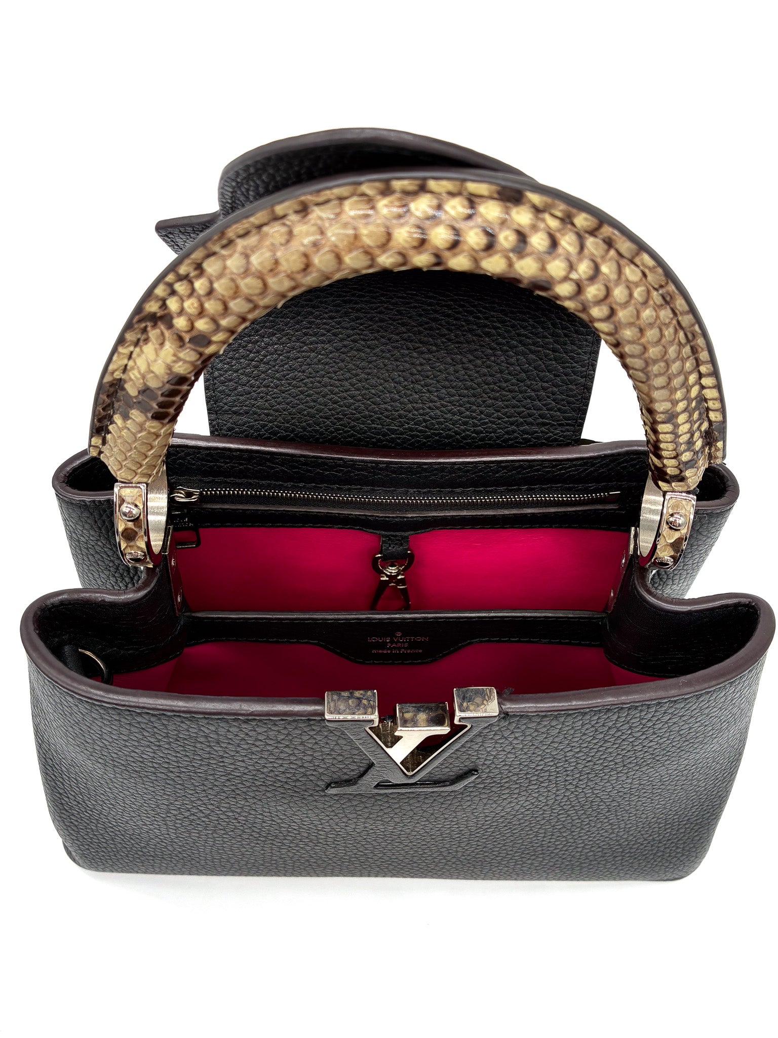 LOUIS VUITTON Capucines BB Handbag in Black Taurillon Leather with Phyton Skin Top Handle SHW
