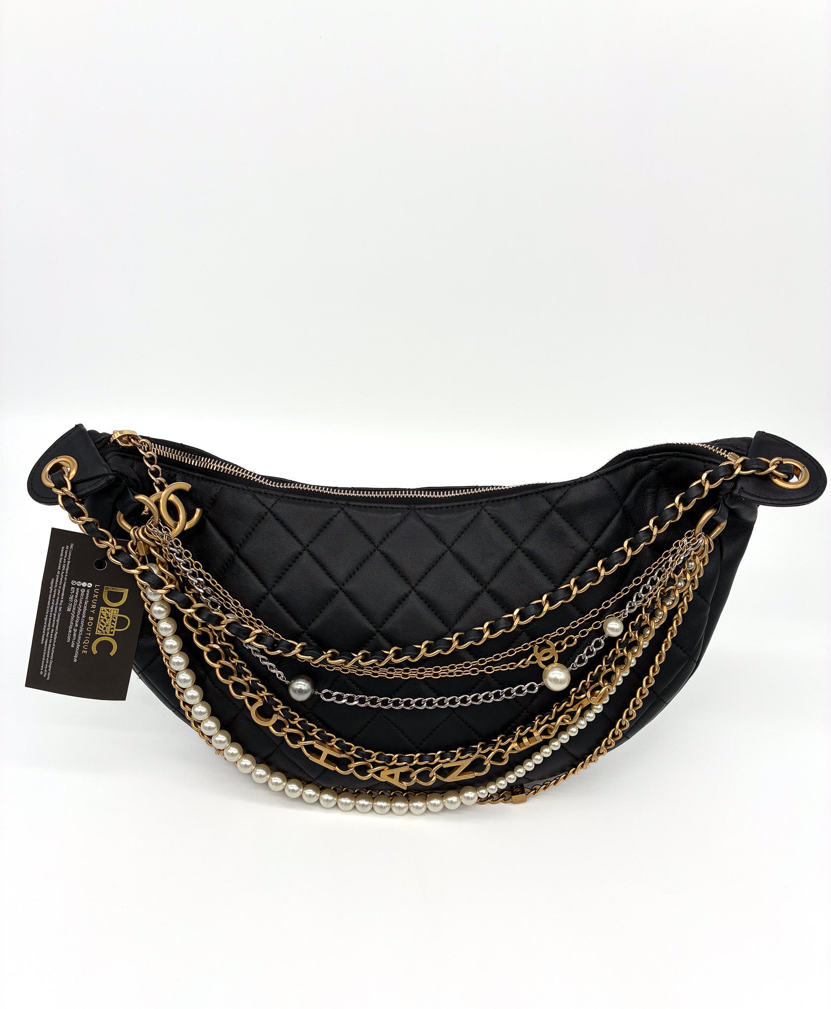 CHANEL Black Quilted Lambskin Leather Paris-New York All About Chains Hobo Bag