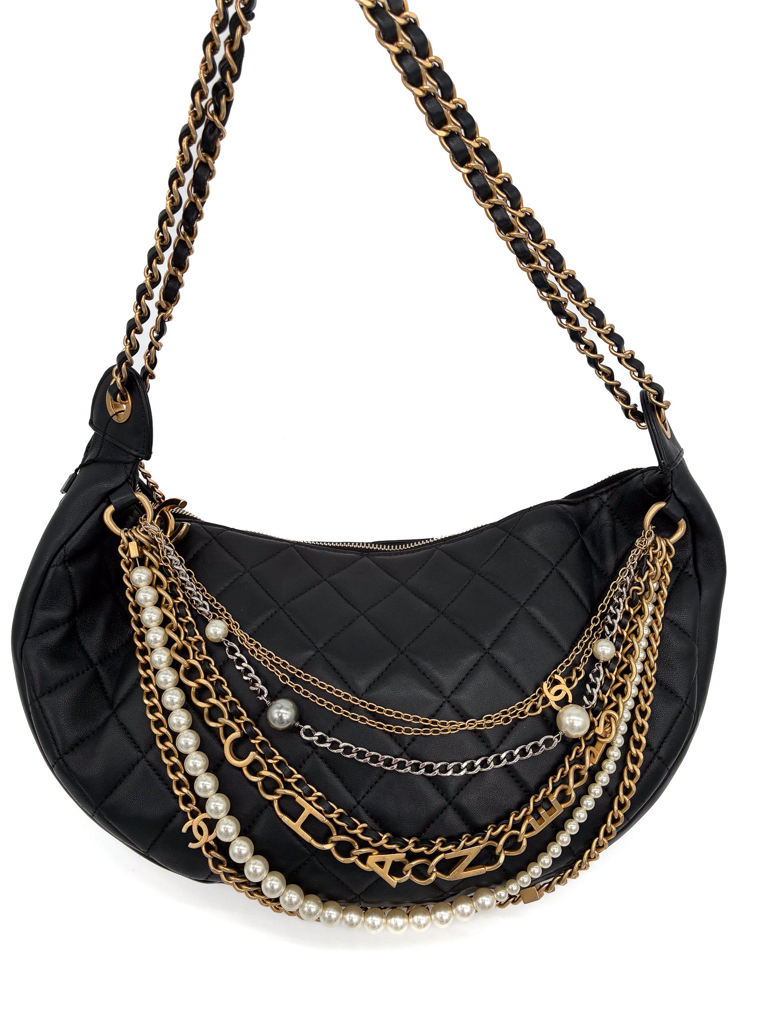 CHANEL Black Quilted Lambskin Leather Paris-New York All About Chains Hobo Bag