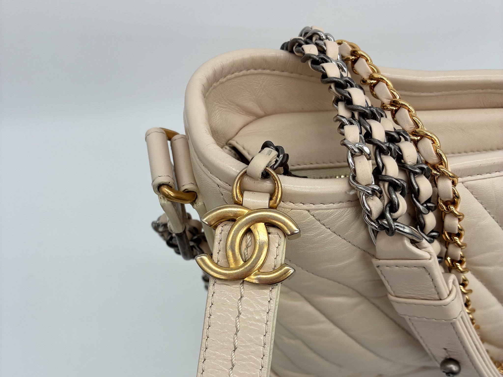 Chanel Aged Calfskin Chevron Quilted Medium Gabrielle Hobo Beige