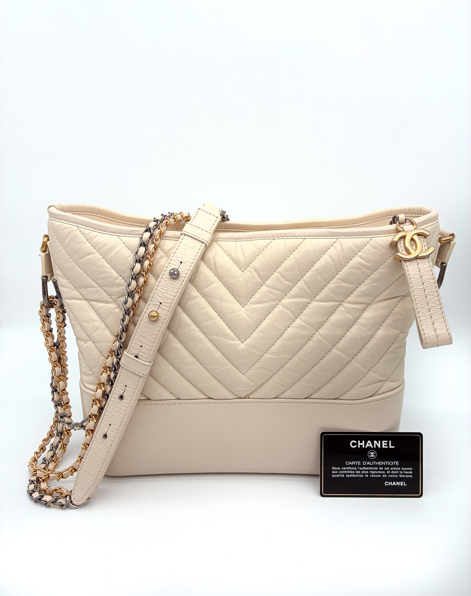 Chanel Aged Calfskin Chevron Quilted Medium Gabrielle Hobo Beige