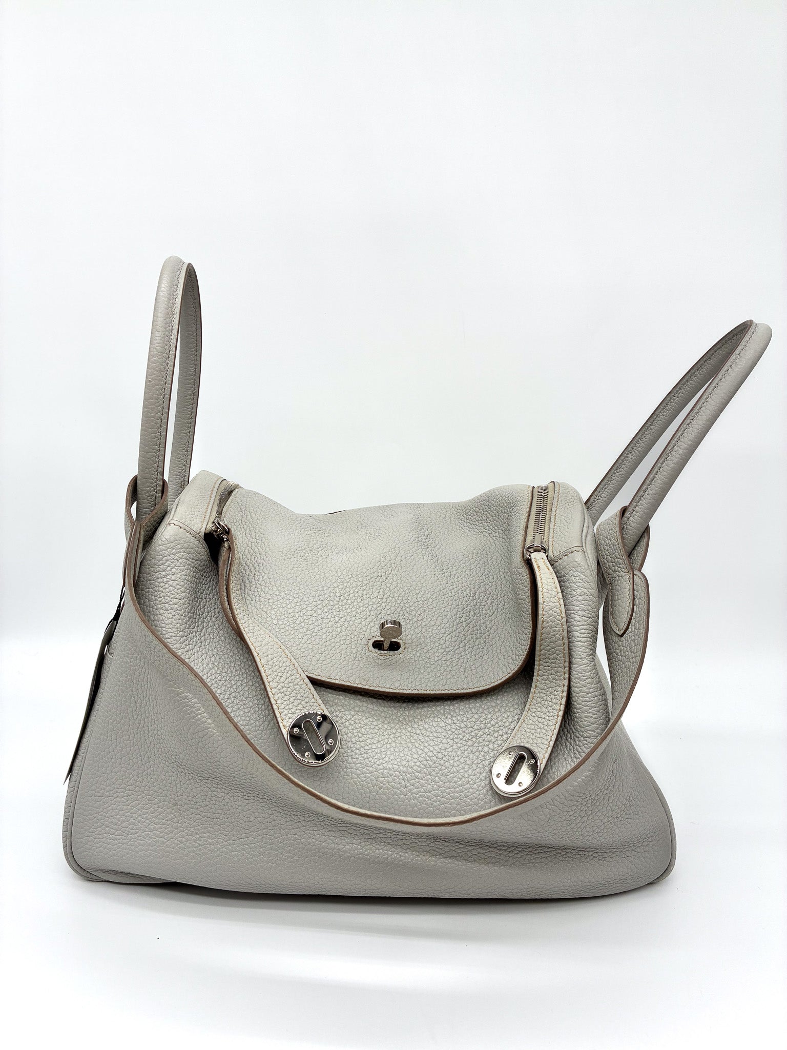 Hermes 34cm Gris Perle Clemence Leather Palladium Plated Lindy Bag