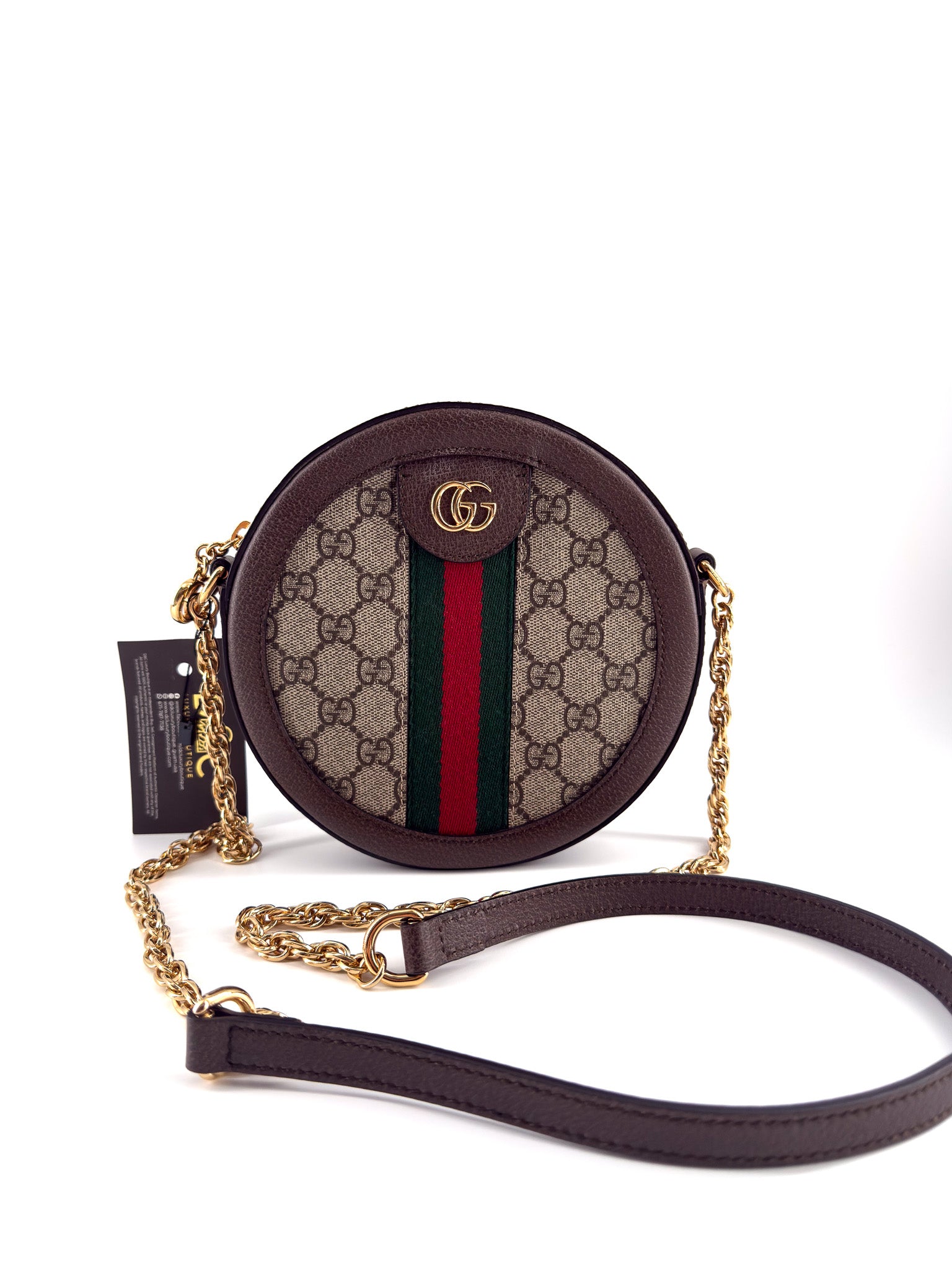 Gucci GG Supreme Monogram Web Mini Ophidia Round Shoulder Bag Brown