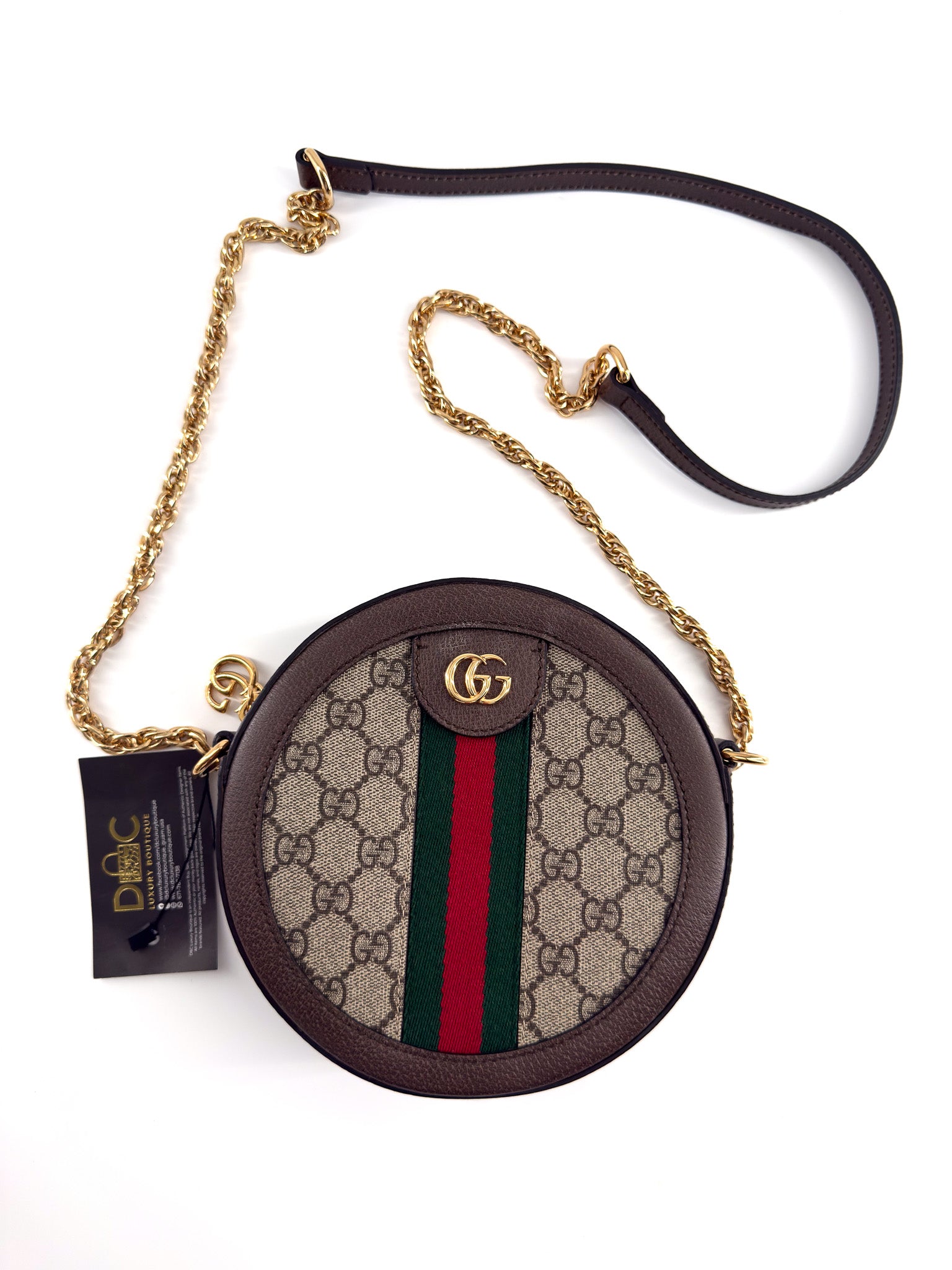Gucci GG Supreme Monogram Web Mini Ophidia Round Shoulder Bag Brown