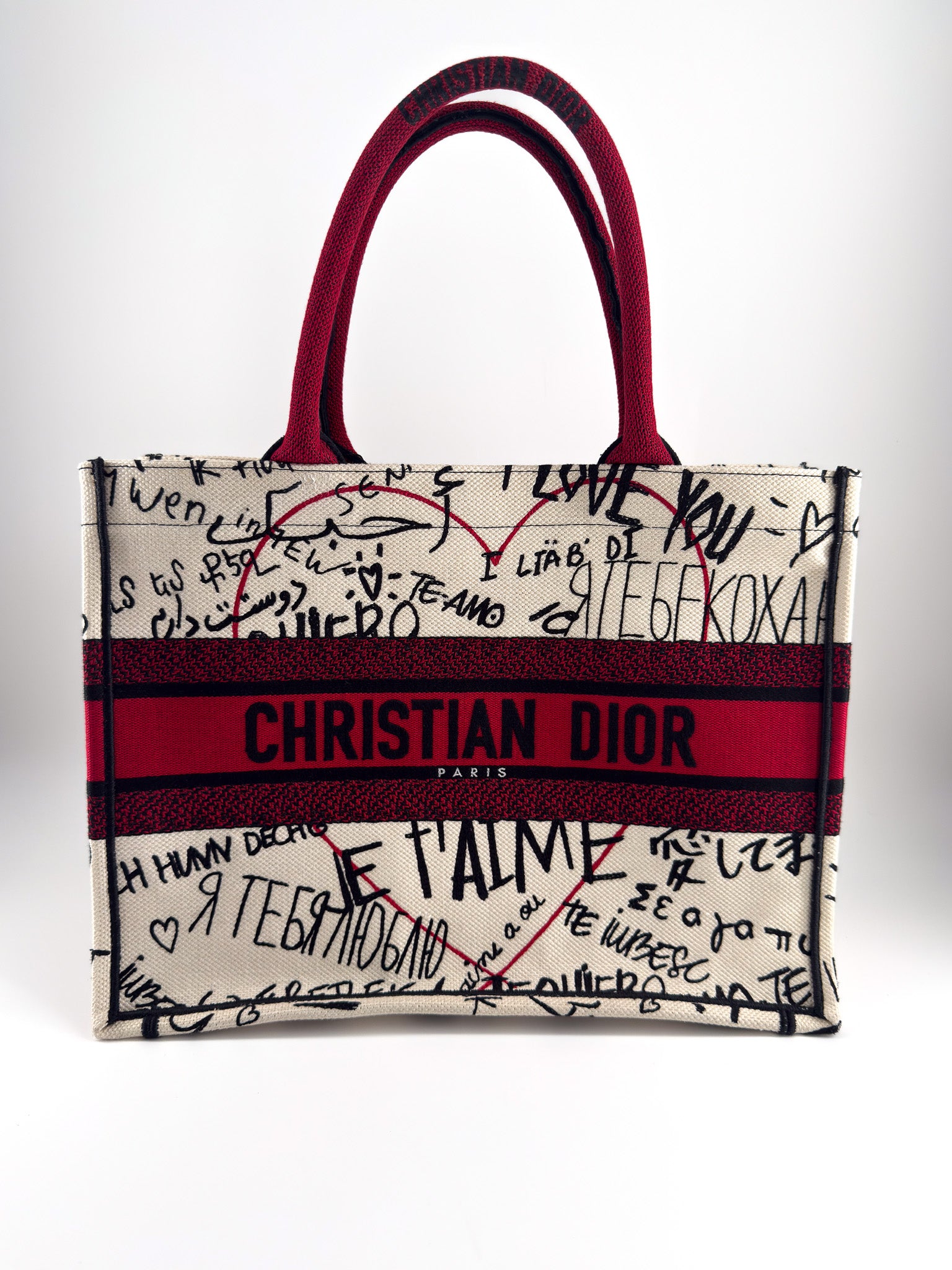 CHRISTIAN DIOR Canvas Embroidered Medium Dioramour Graffiti Book Tote Latte Multicolor