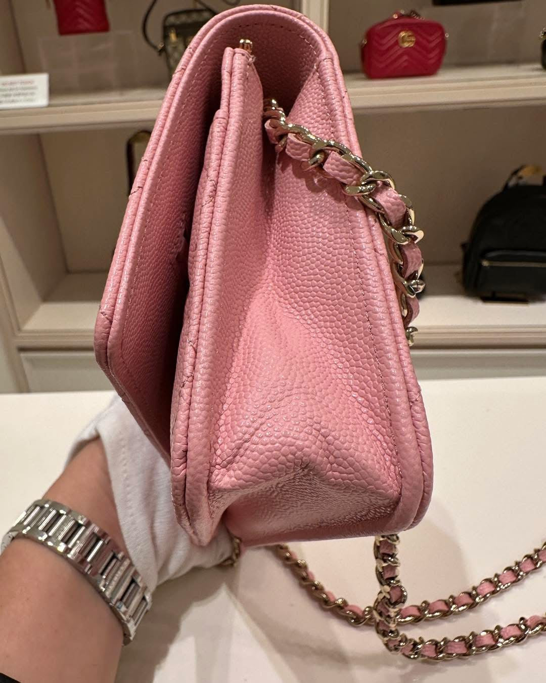 Pink Chanel Classic Caviar Wallet On Chain Crossbody Bag