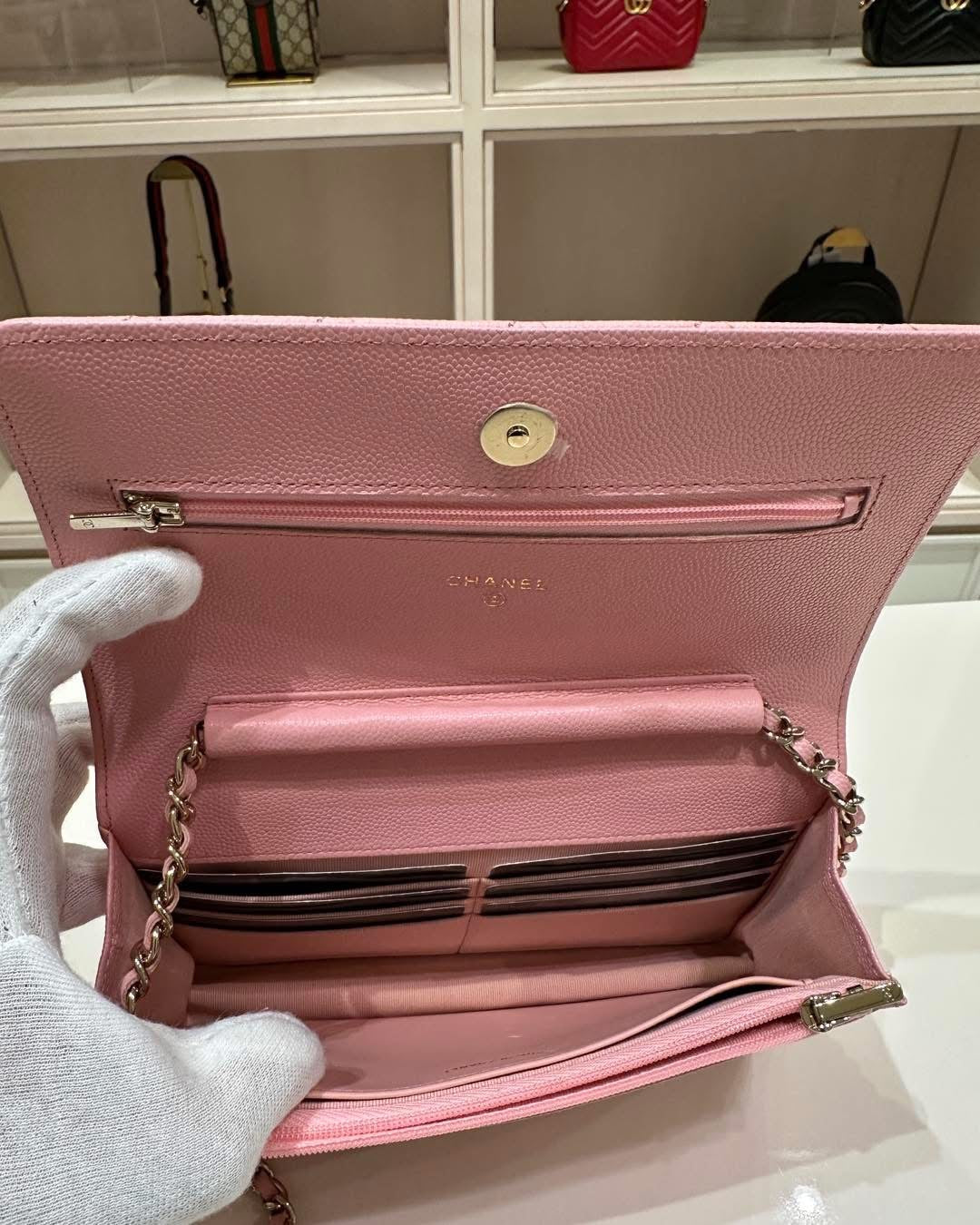 Pink Chanel Classic Caviar Wallet On Chain Crossbody Bag