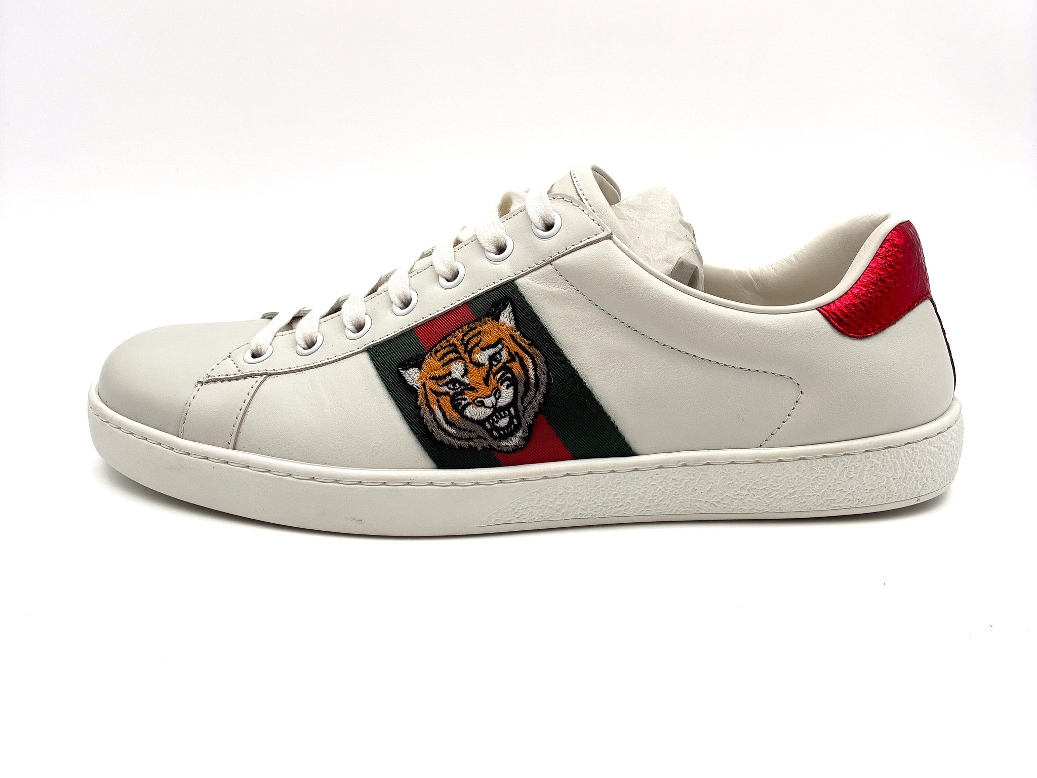 GUCCI Ace Tiger Embroidered Low-Top Sneakers – White / Green / Red Mens Size 8.5
