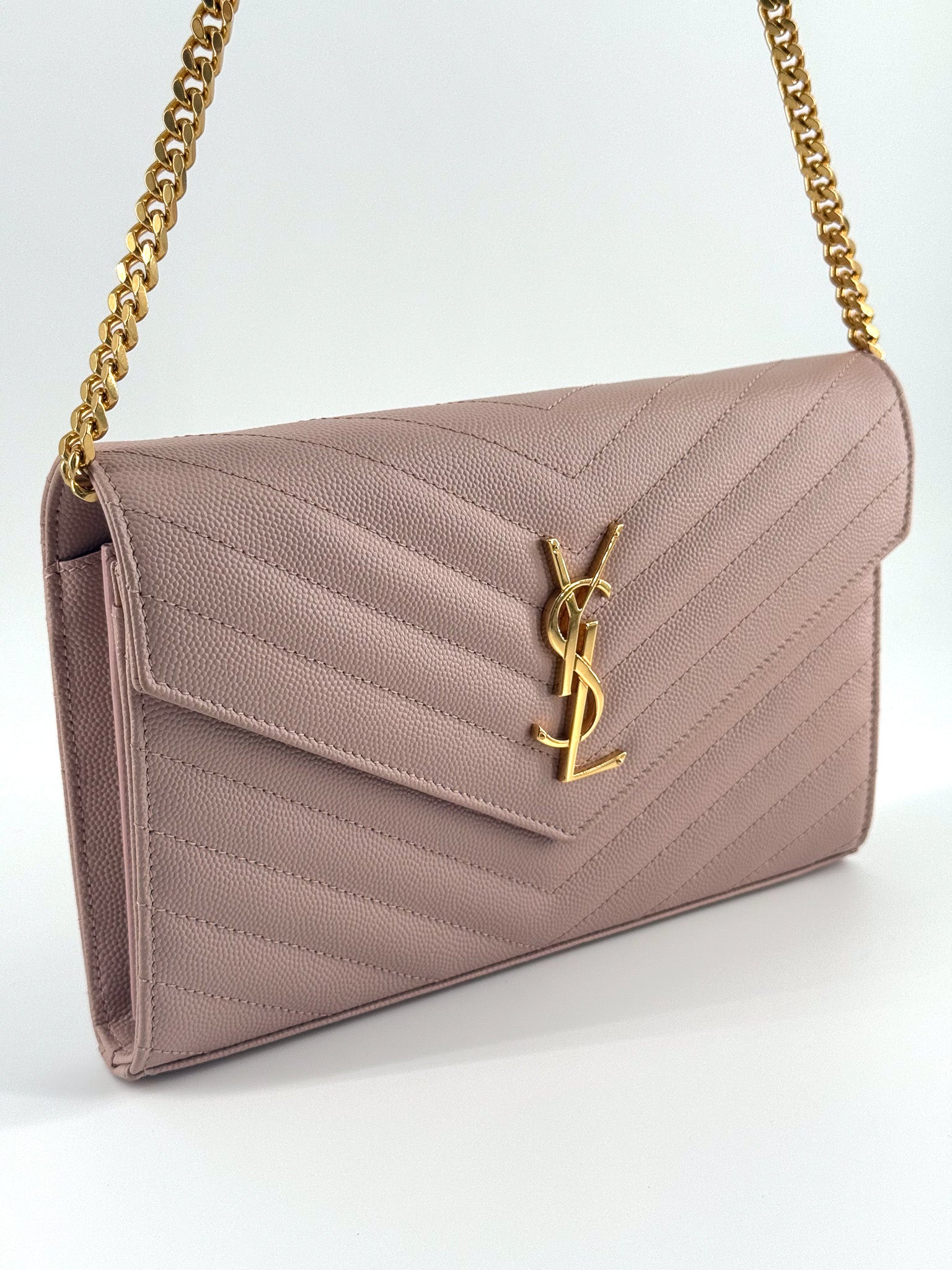 Saint Laurent Grain De Poudre Matelasse Chevron Monogram WOC Pink