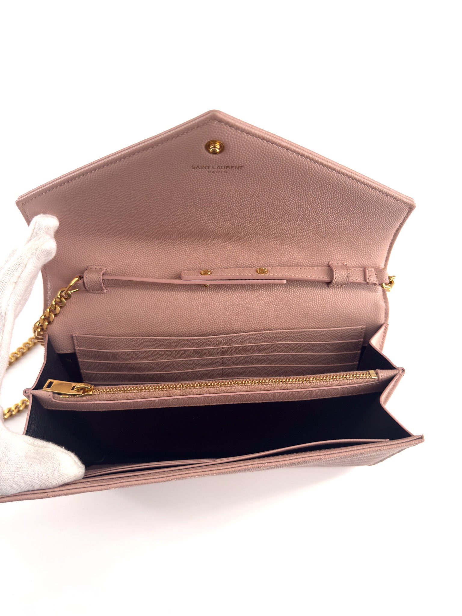 Saint Laurent Grain De Poudre Matelasse Chevron Monogram WOC Pink