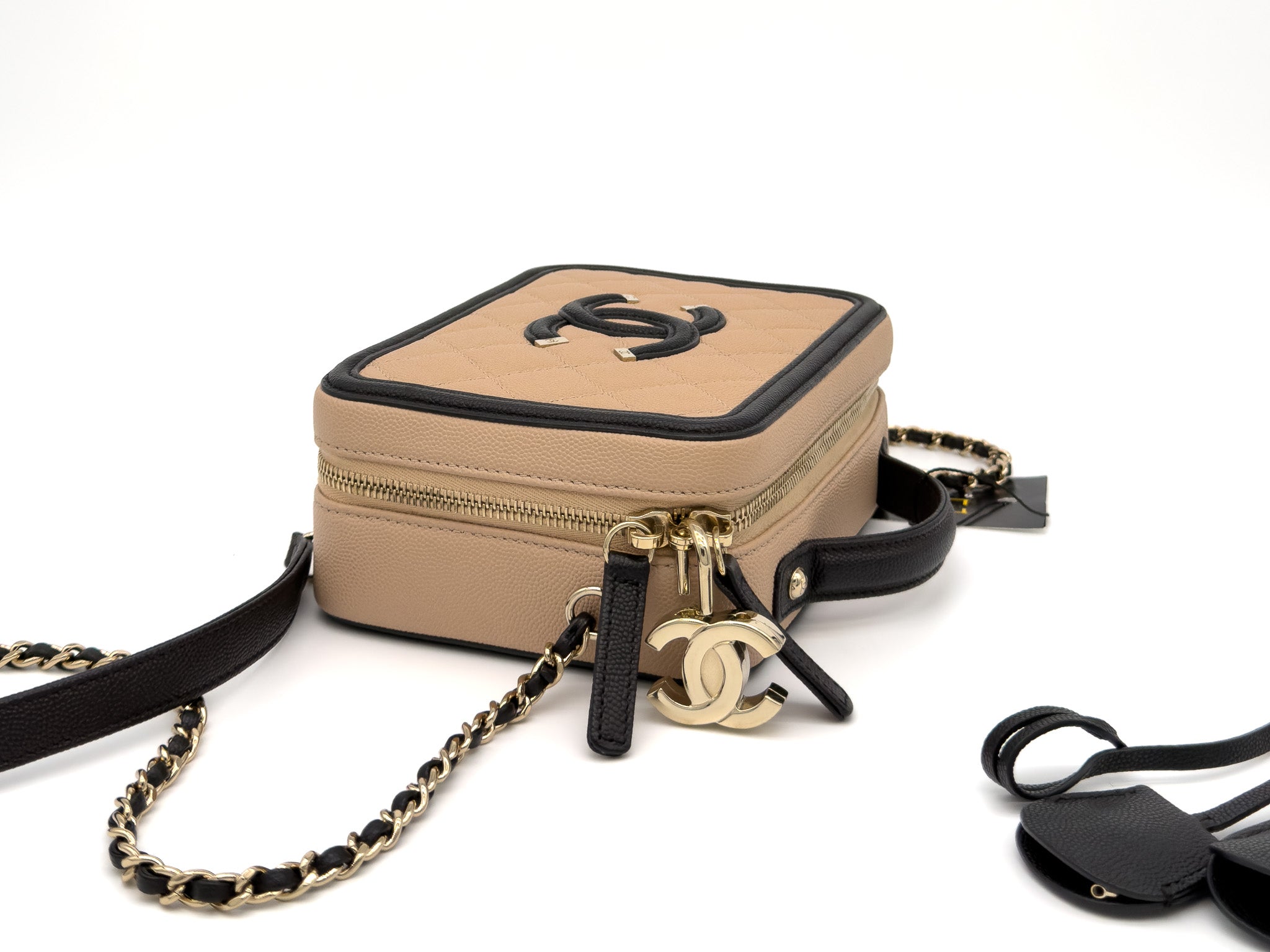 Chanel Caviar Quilted Small CC Filigree Vanity Case Beige Black
