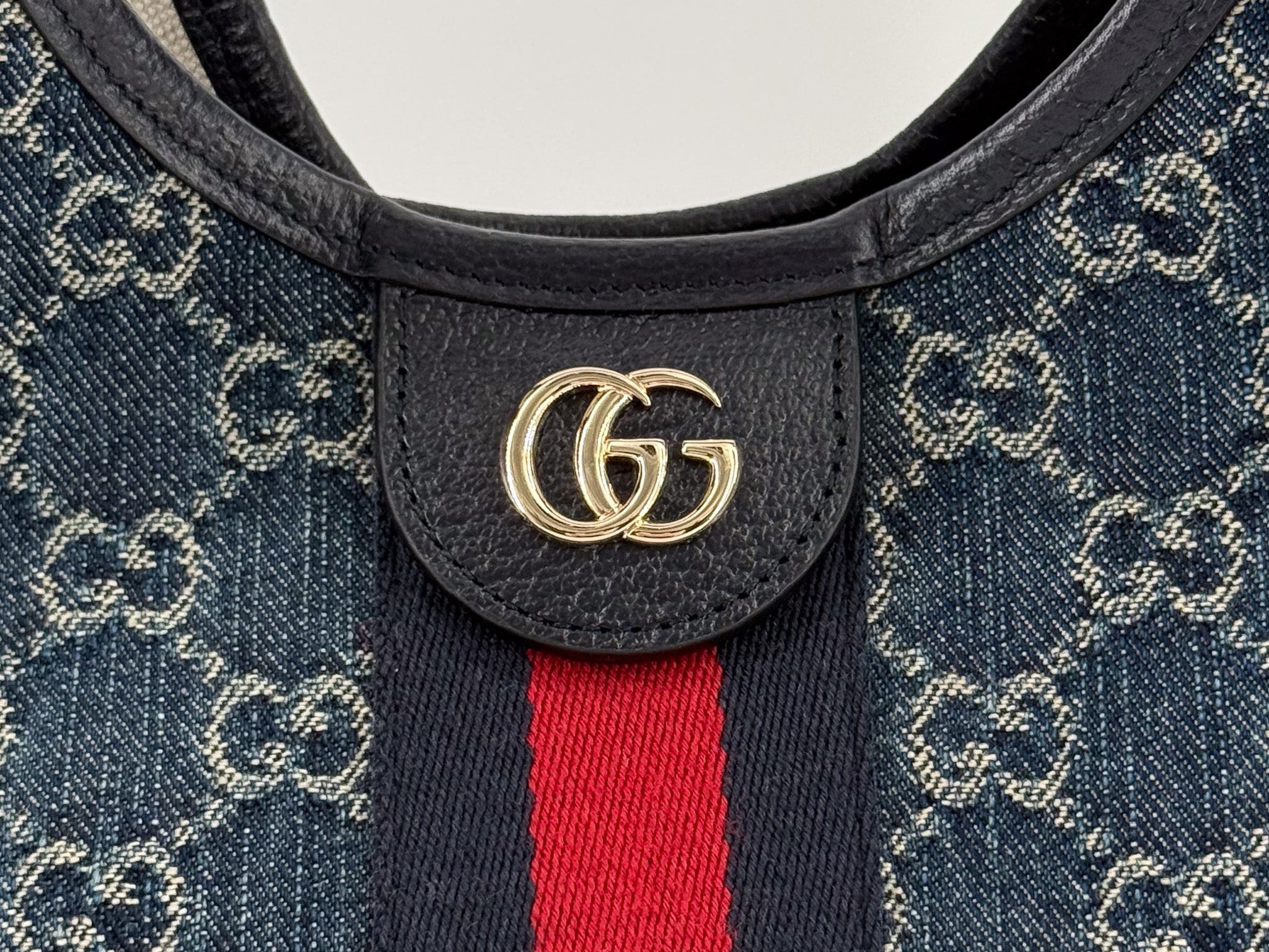 Gucci Denim GG Monogram Web Small Giglio Tote blue and white