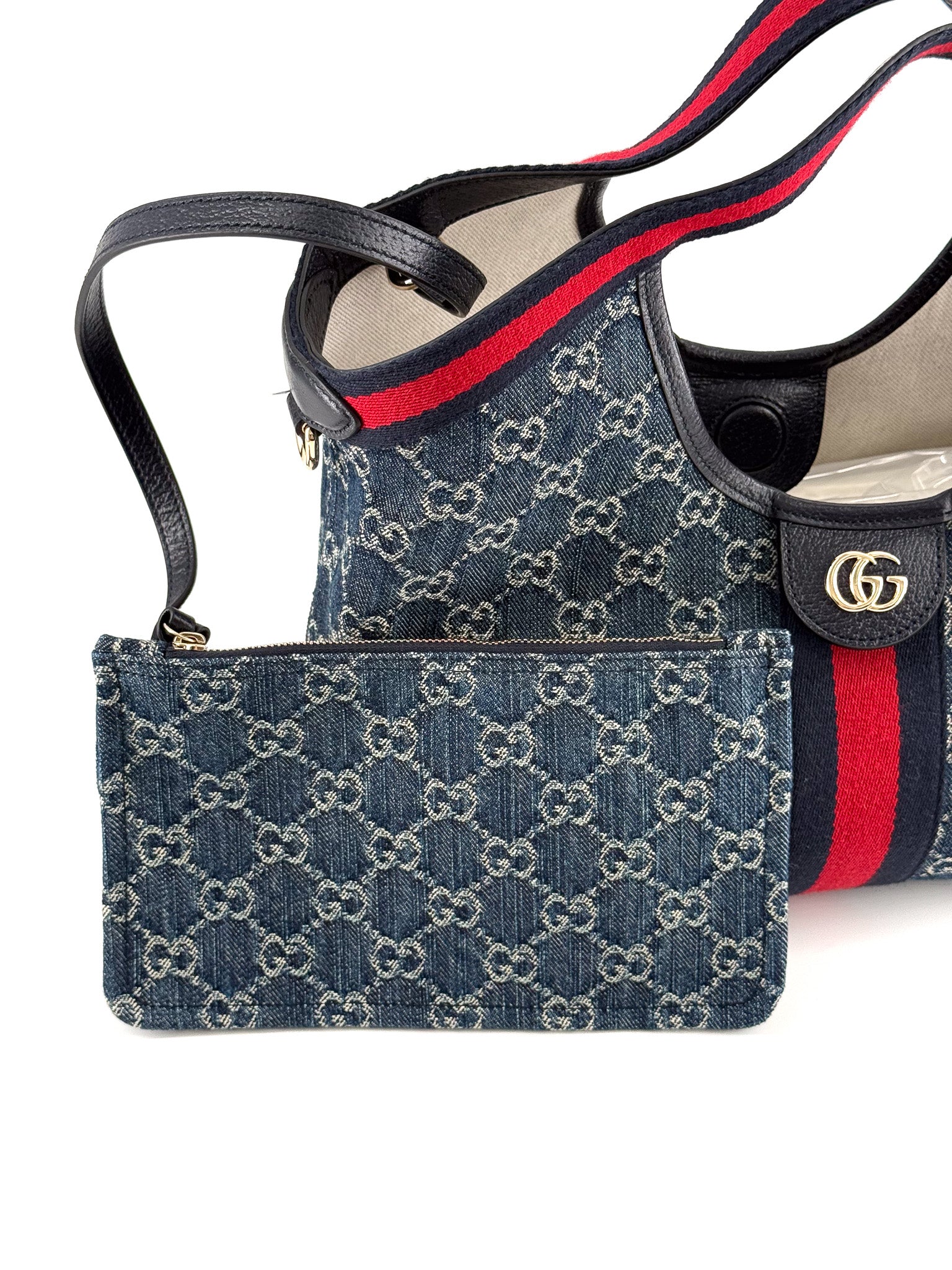 Gucci Denim GG Monogram Web Small Giglio Tote blue and white
