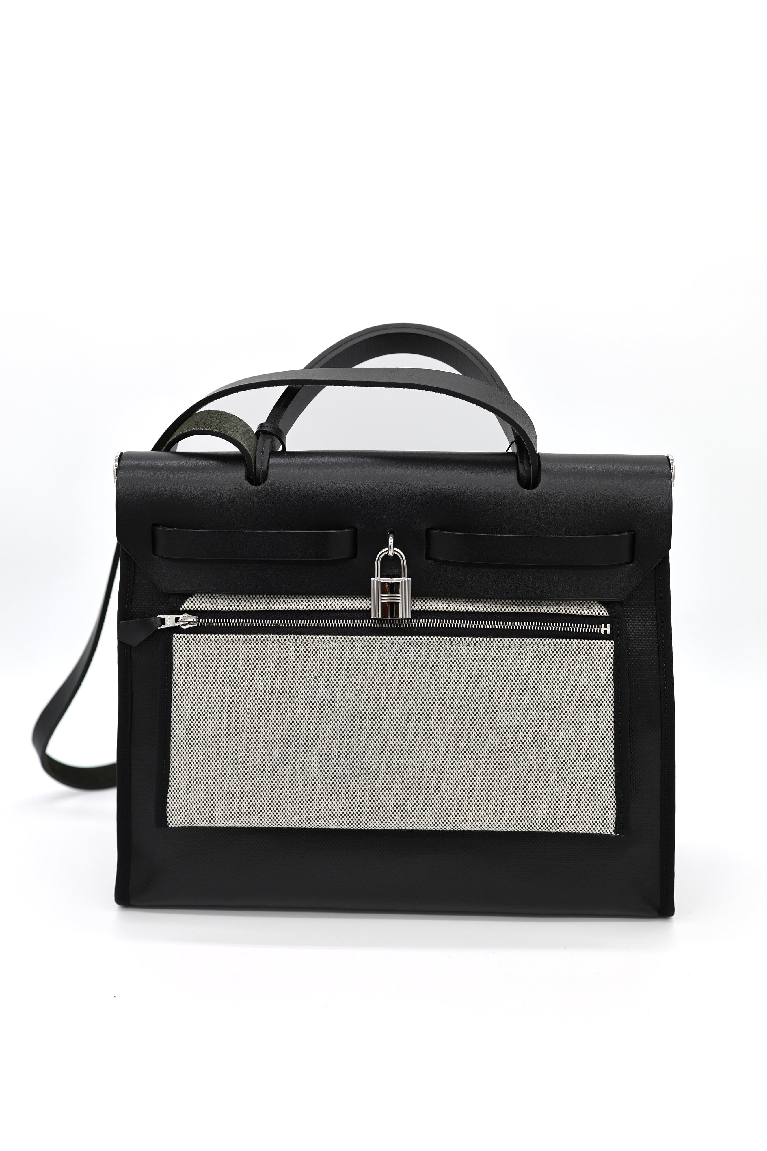 Hermes Toile H Berline Vache Hunter Herbag Zip PM 31 Black Ecru