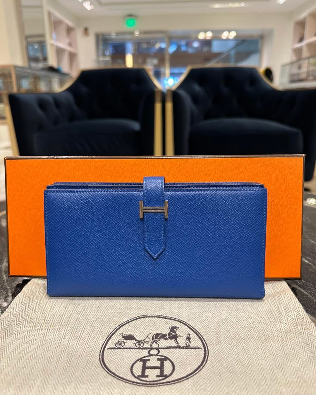 Hermes Bearn Soufflet Bi-fold Long Wallet Blue
