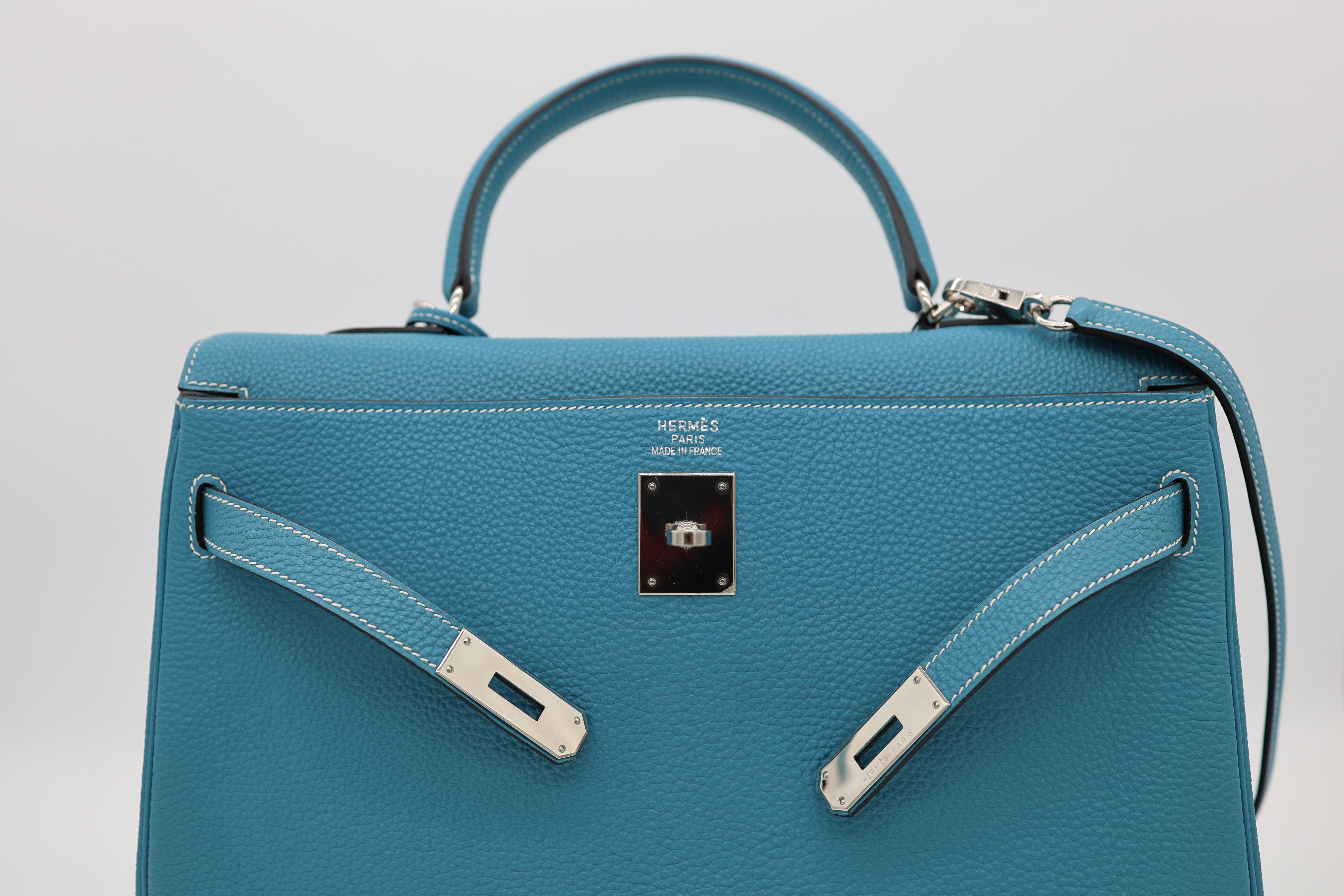 Hermès Bleu Jean Taurillon Clémence Kelly 32 Retourné Palladium Hardware