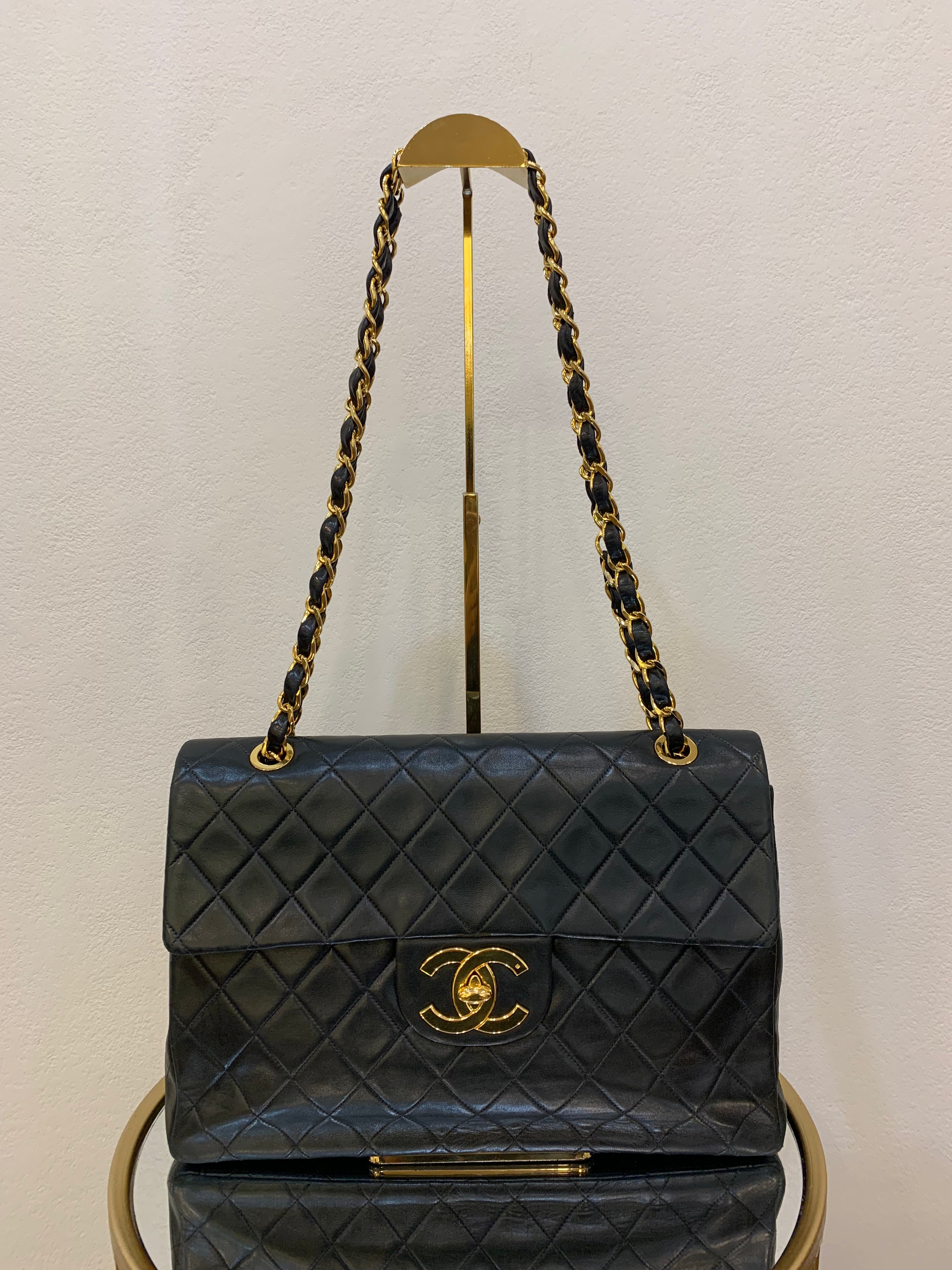 Vintage Chanel XL Jumbo Maxi Flap Bag Black Lambskin Gold Hardware