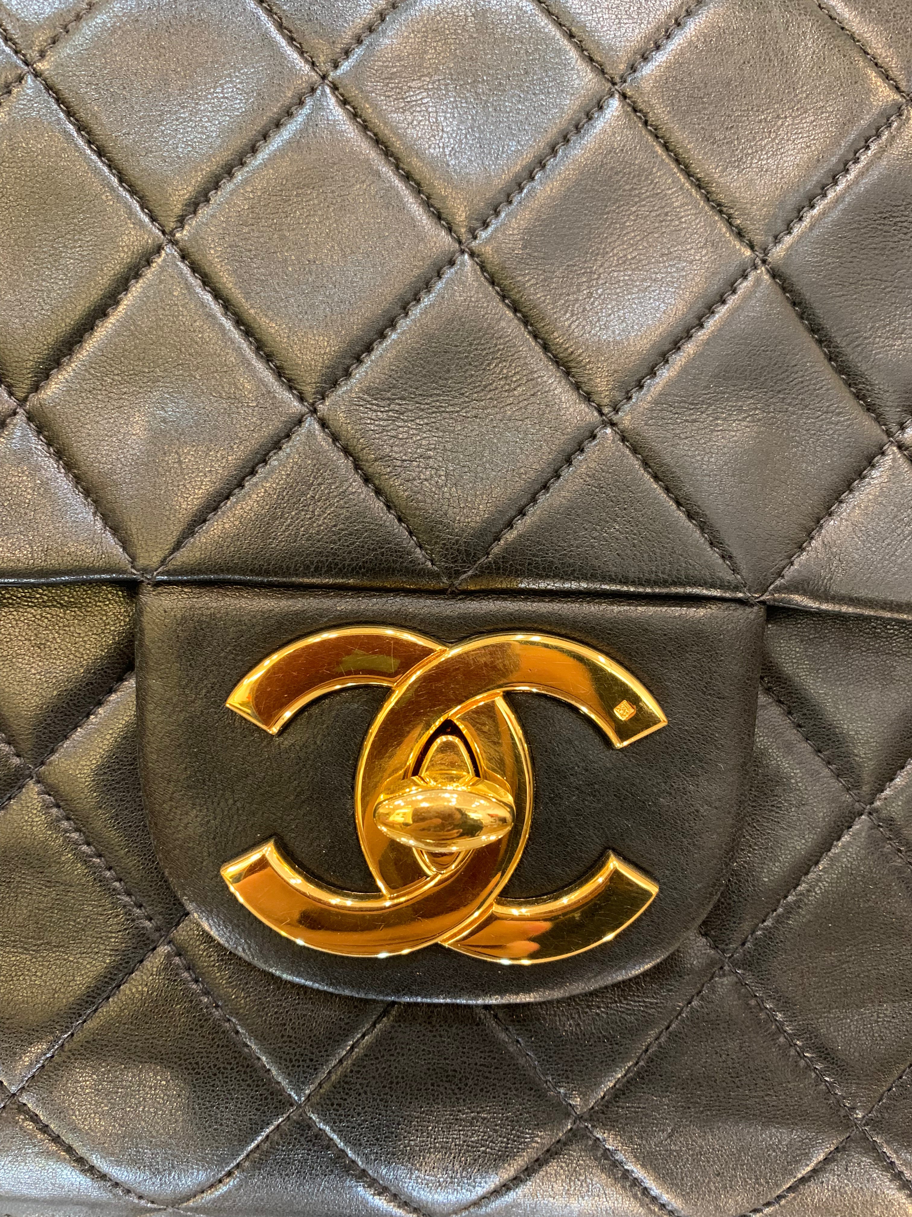 Vintage Chanel XL Jumbo Maxi Flap Bag Black Lambskin Gold Hardware