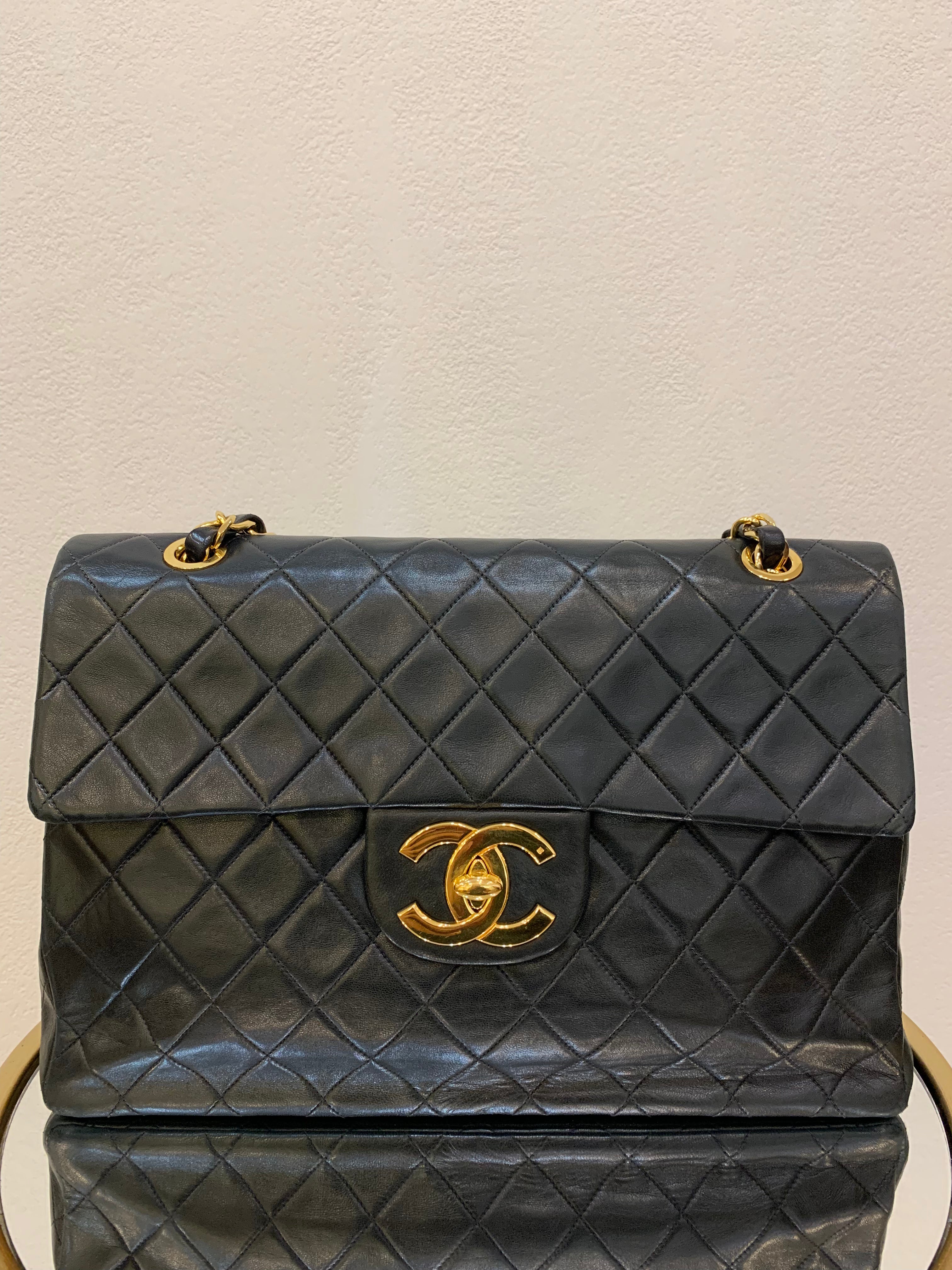 Vintage Chanel XL Jumbo Maxi Flap Bag Black Lambskin Gold Hardware