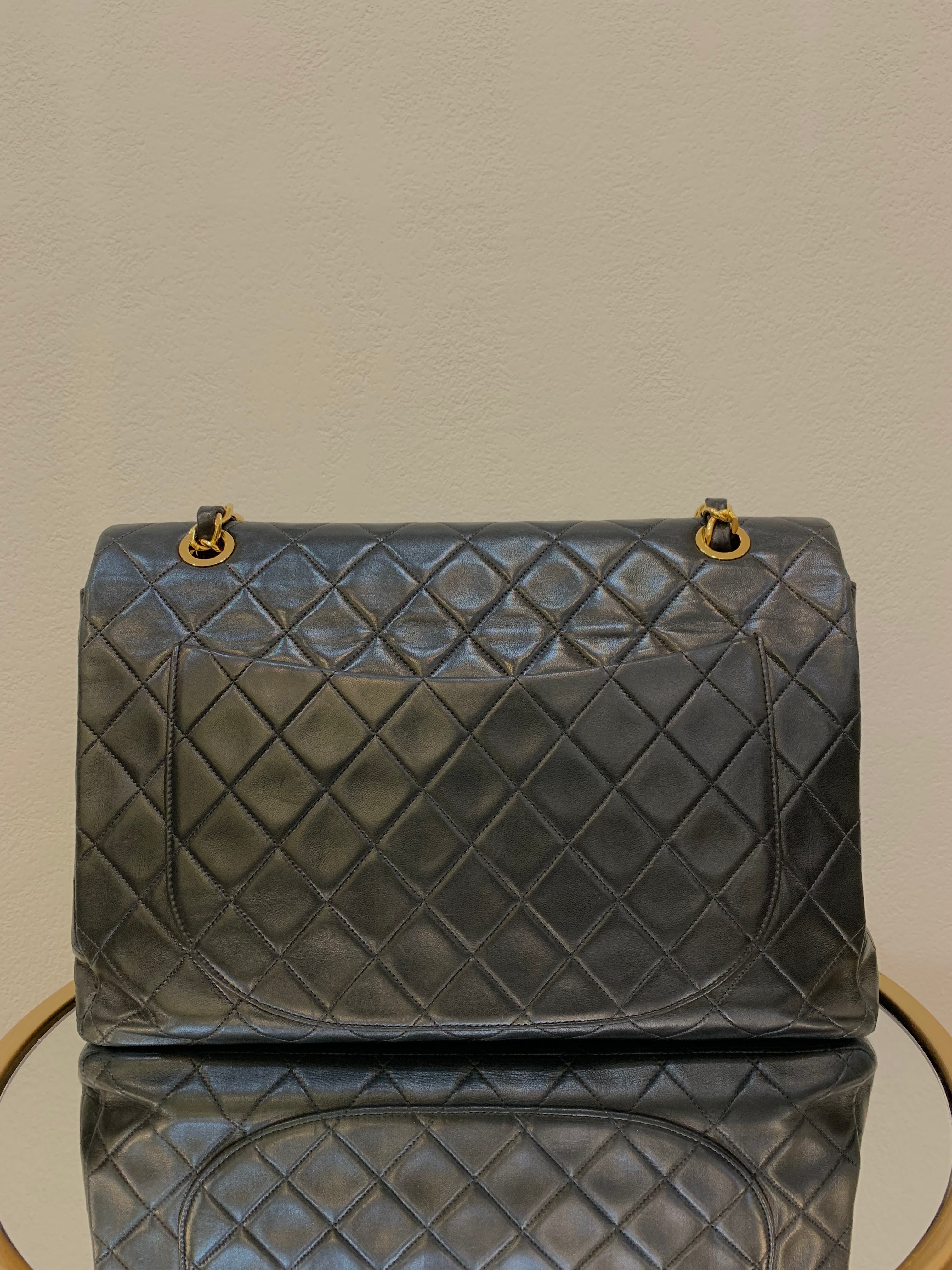 Vintage Chanel XL Jumbo Maxi Flap Bag Black Lambskin Gold Hardware