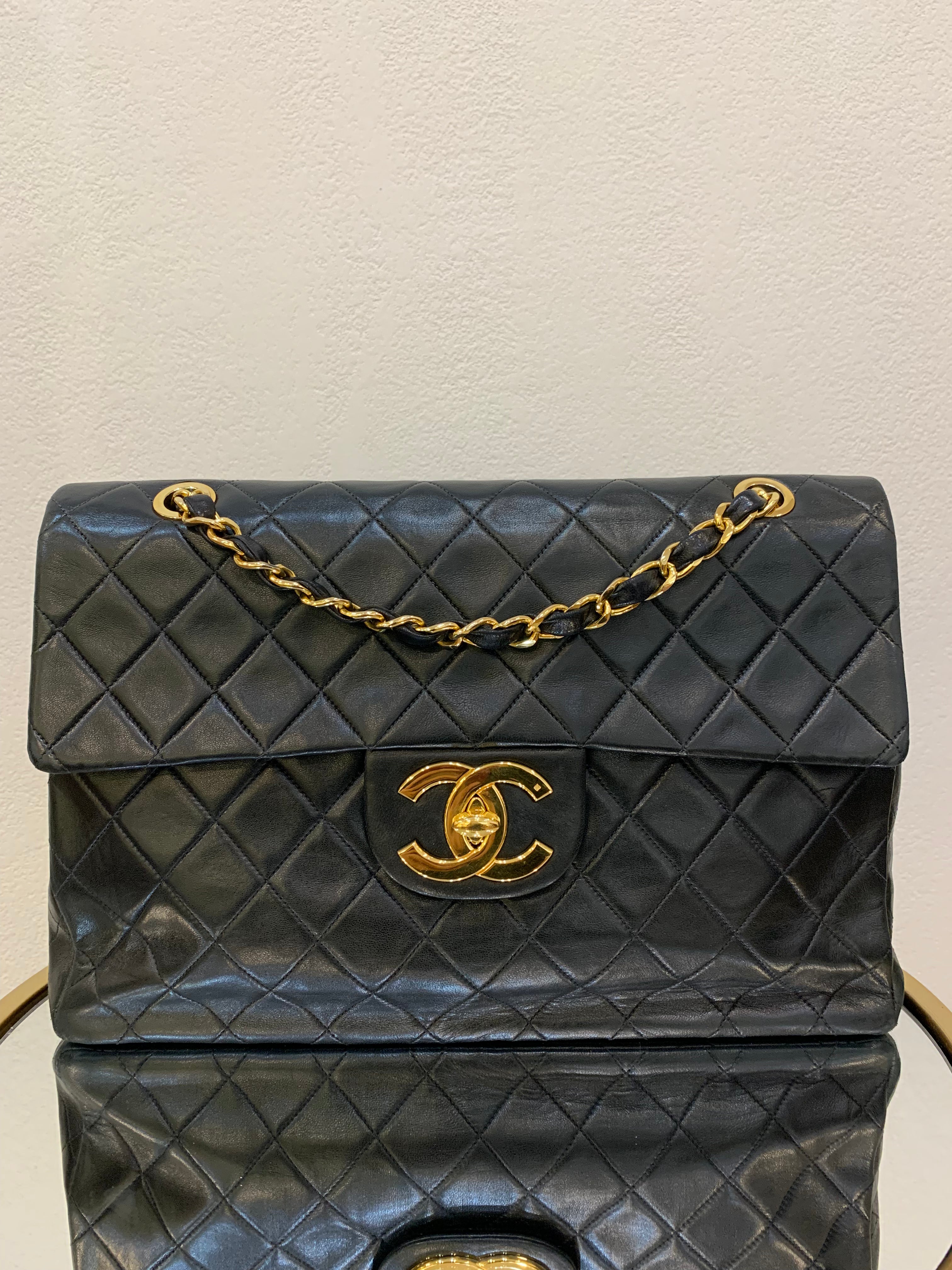 Vintage Chanel XL Jumbo Maxi Flap Bag Black Lambskin Gold Hardware