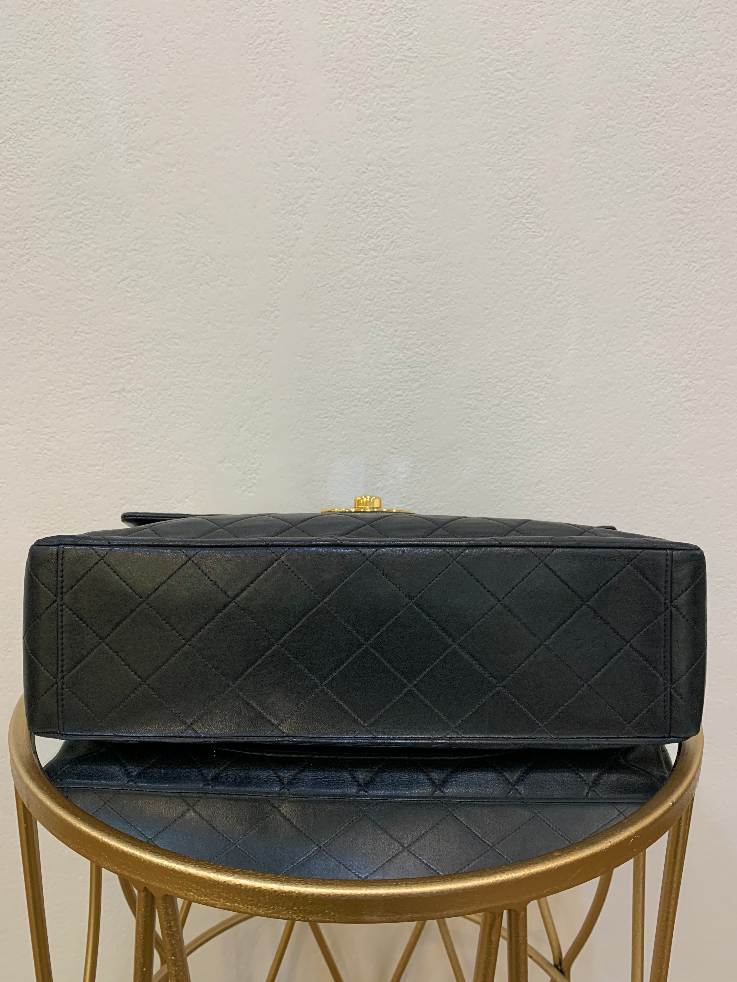 Vintage Chanel XL Jumbo Maxi Flap Bag Black Lambskin Gold Hardware