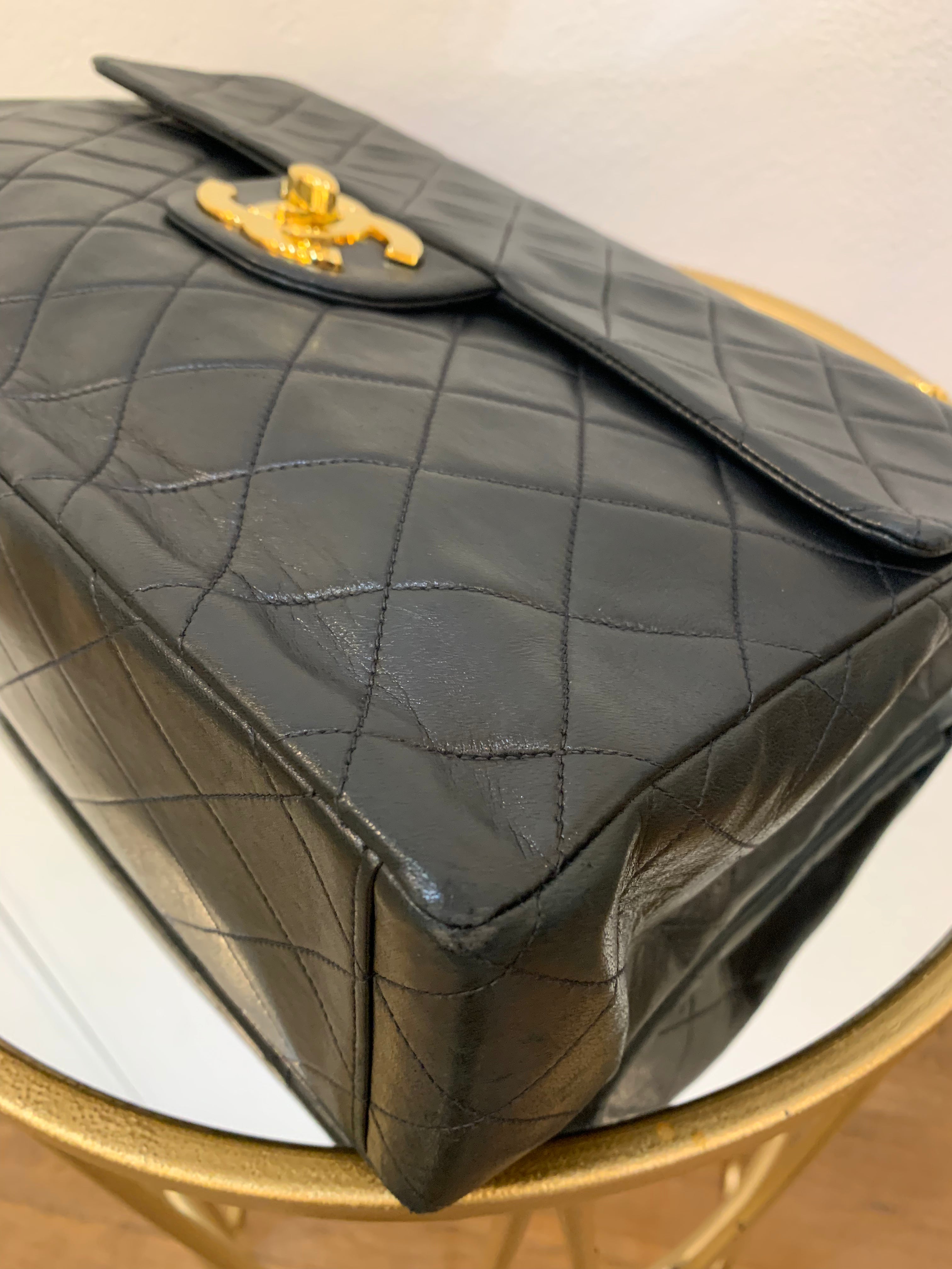 Vintage Chanel XL Jumbo Maxi Flap Bag Black Lambskin Gold Hardware