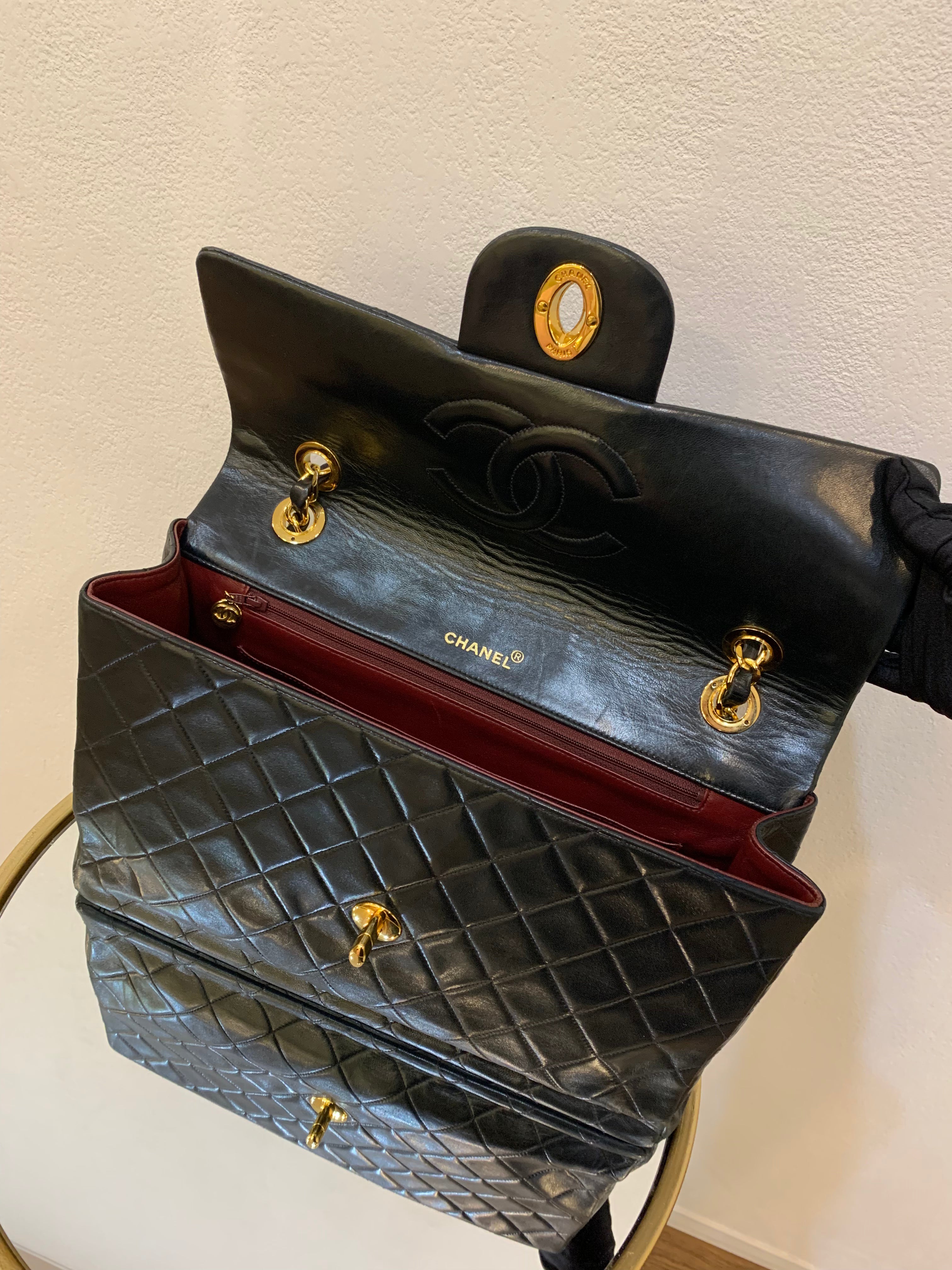 Vintage Chanel XL Jumbo Maxi Flap Bag Black Lambskin Gold Hardware