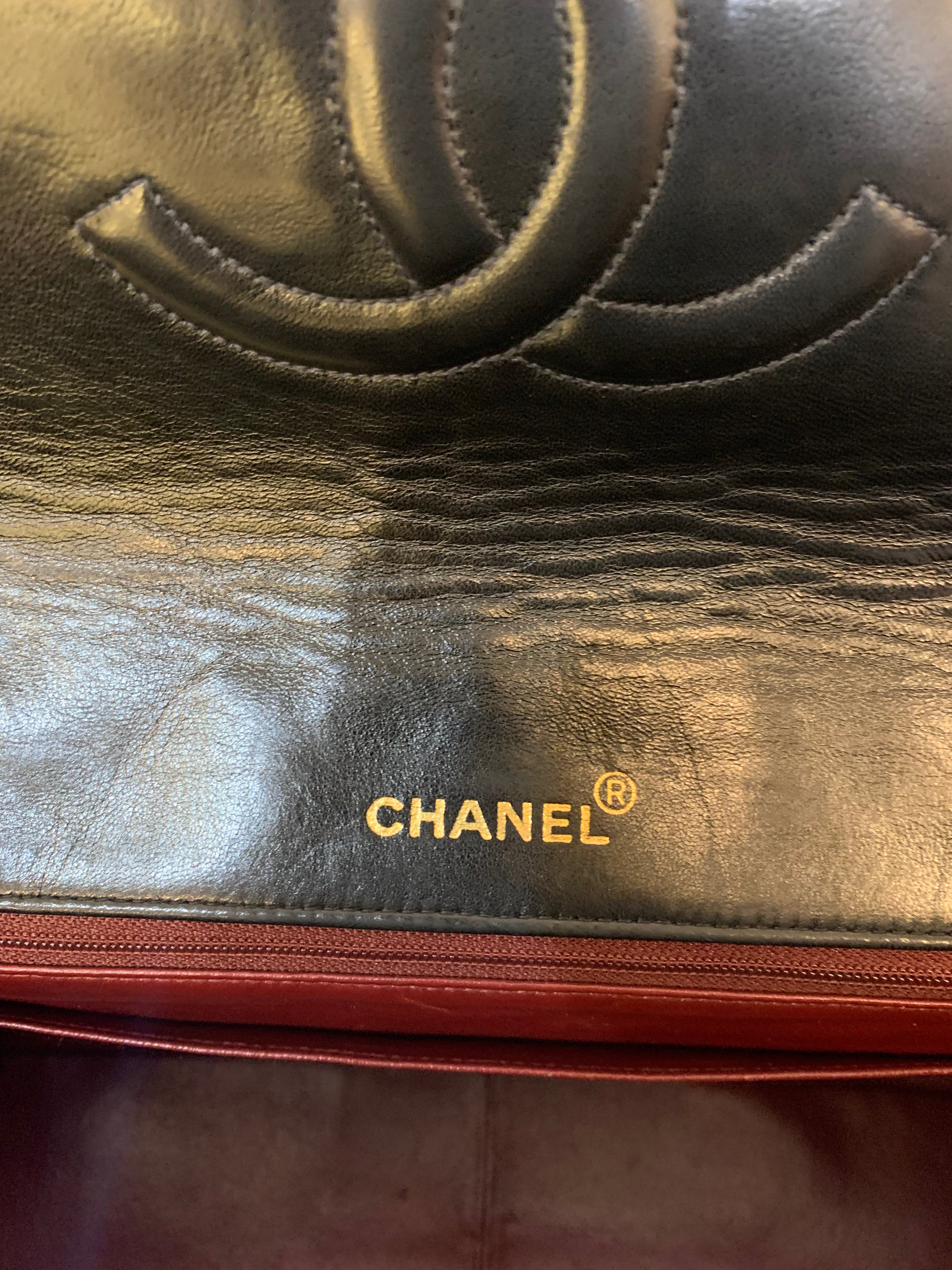 Vintage Chanel XL Jumbo Maxi Flap Bag Black Lambskin Gold Hardware