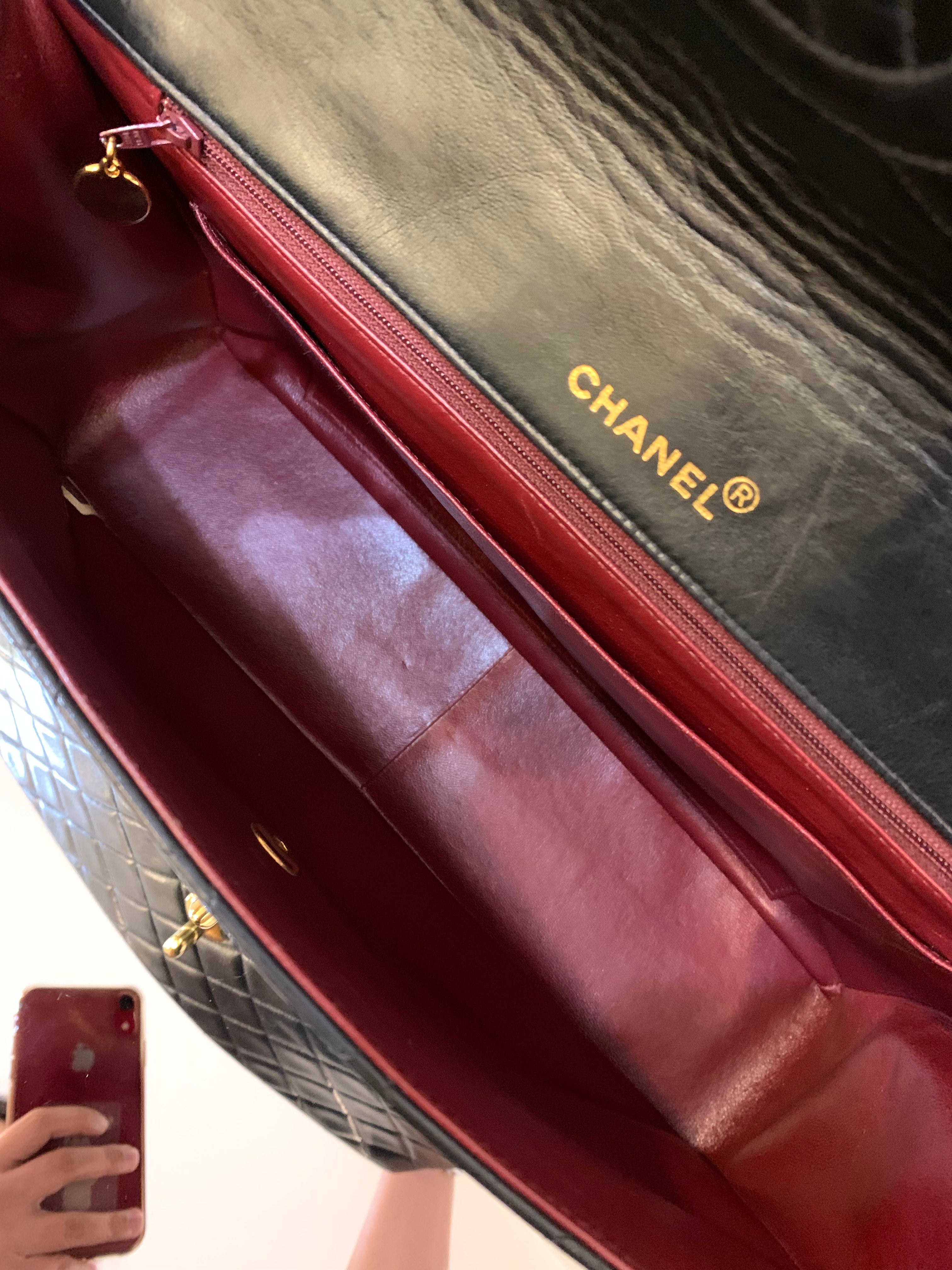Vintage Chanel XL Jumbo Maxi Flap Bag Black Lambskin Gold Hardware