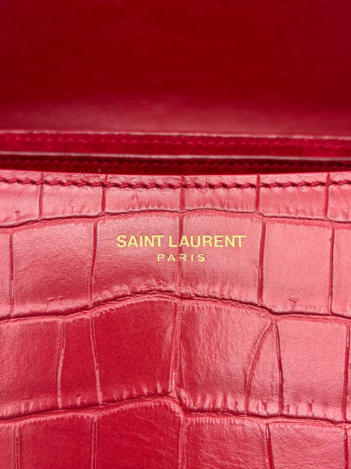 Yves Saint Laurent Red Elise Shoulder Bag Crocodile Embossed Leather Small