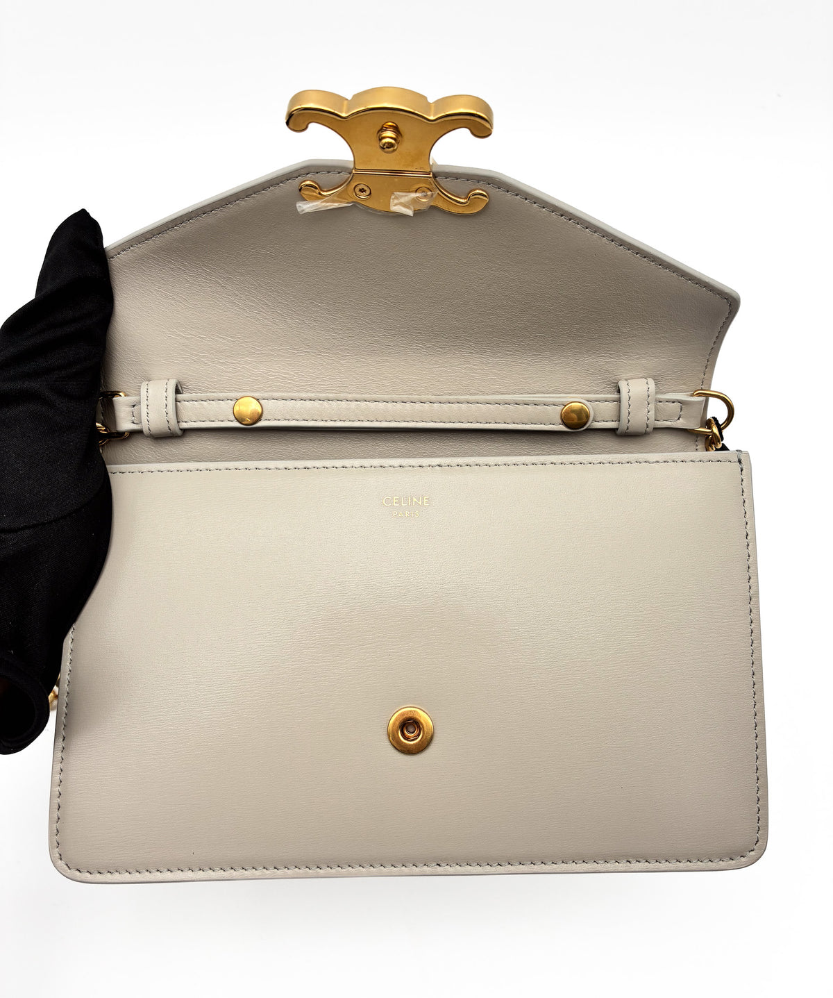 Celine Shiny Triomphe Margo Wallet on Chain Light Stone