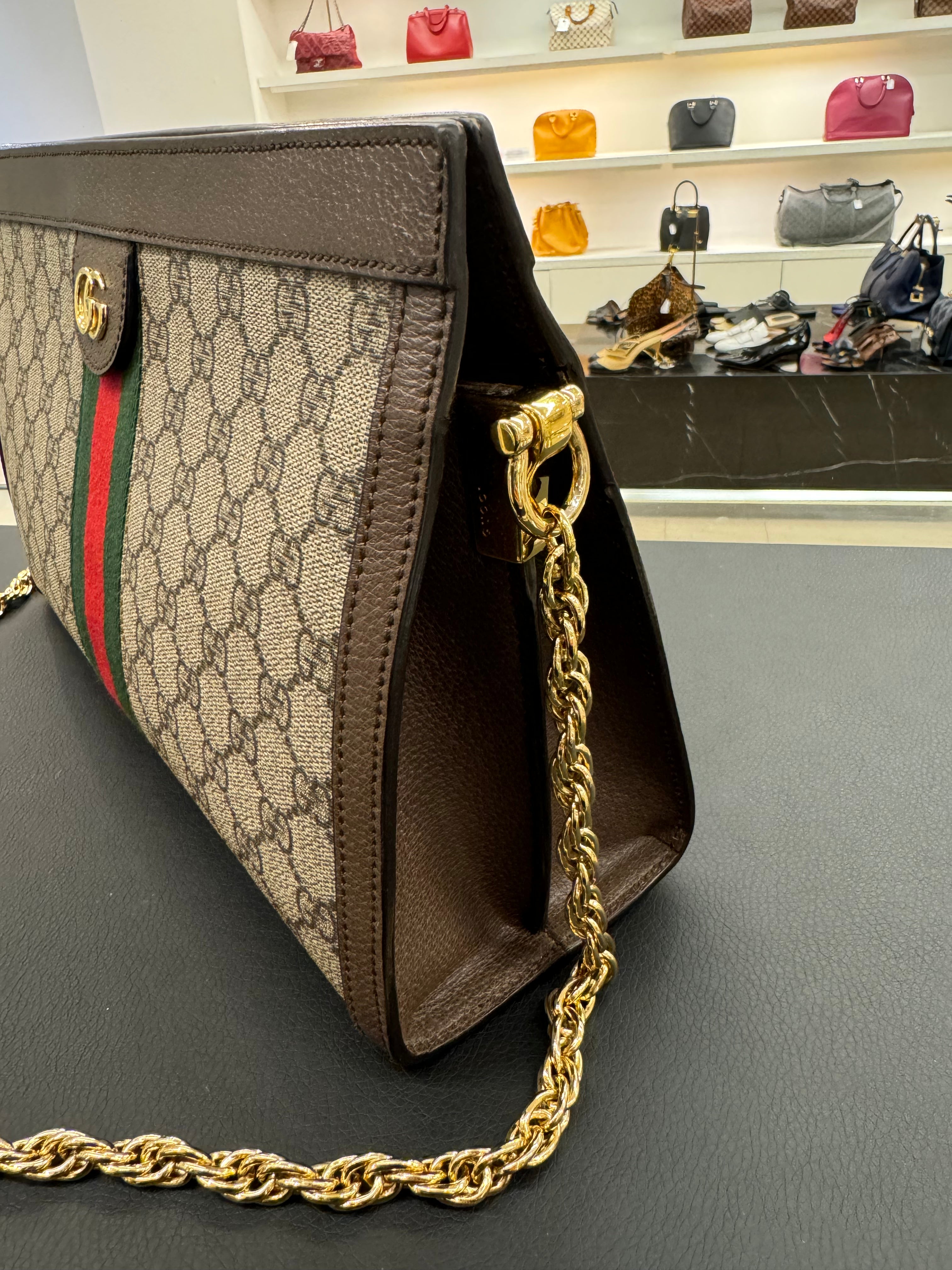 Gucci GG Supreme Monogram Web Small Ophidia Chain Shoulder Bag Brown