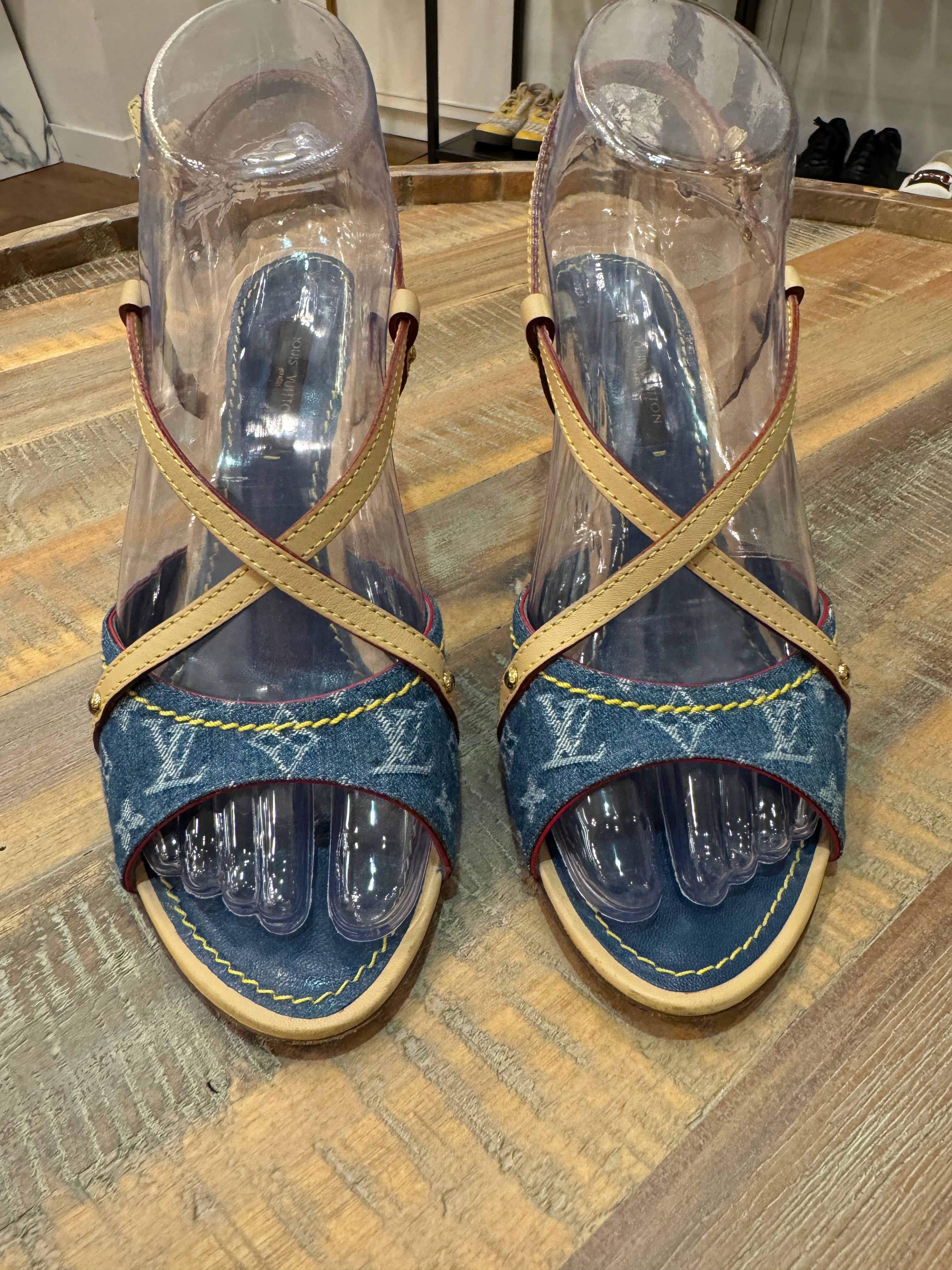 Louis Vuitton Blue Denim Monogram Denim Ankle Wrap Heels Size 36