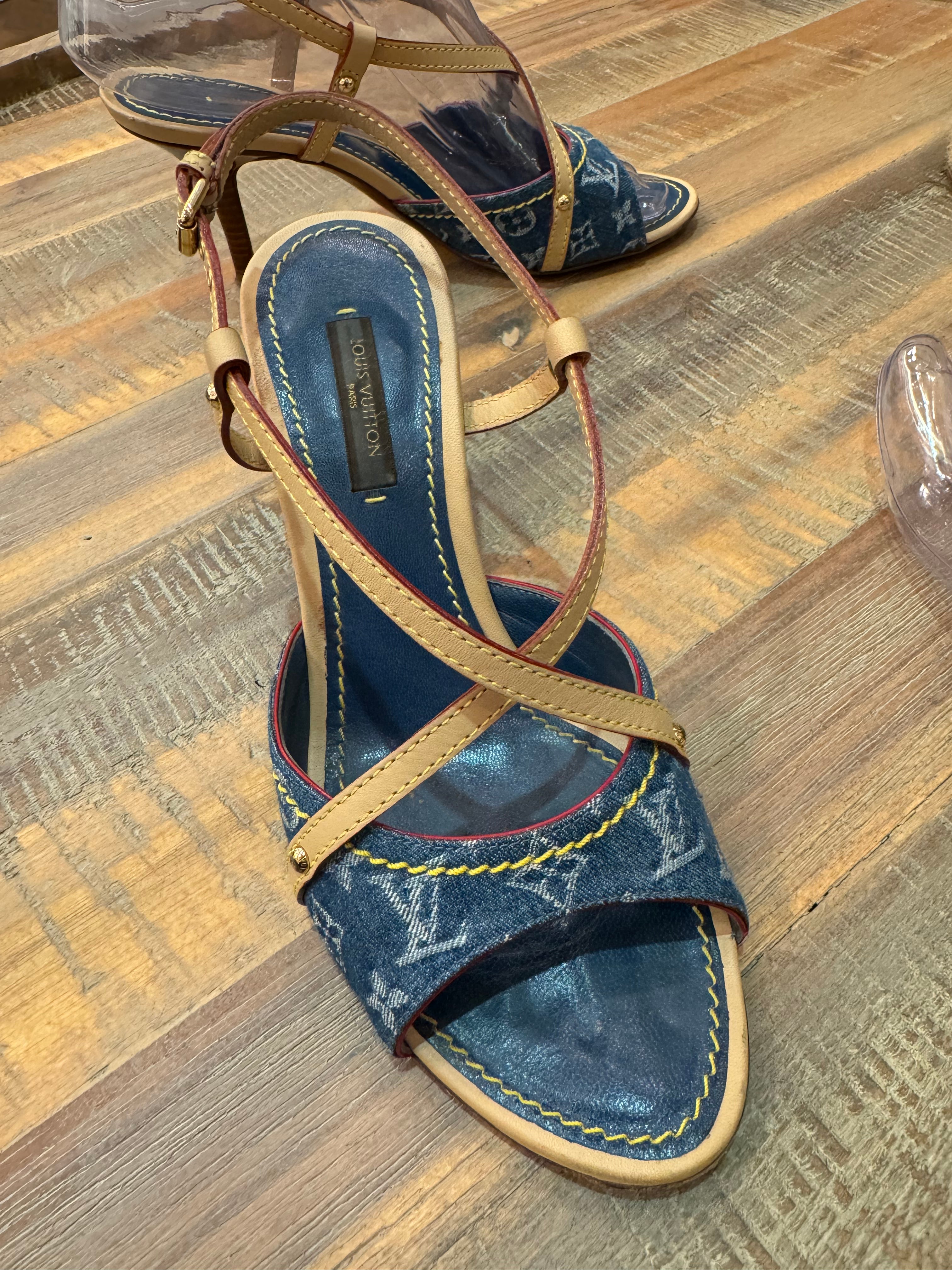 Louis Vuitton Blue Denim Monogram Denim Ankle Wrap Heels Size 36