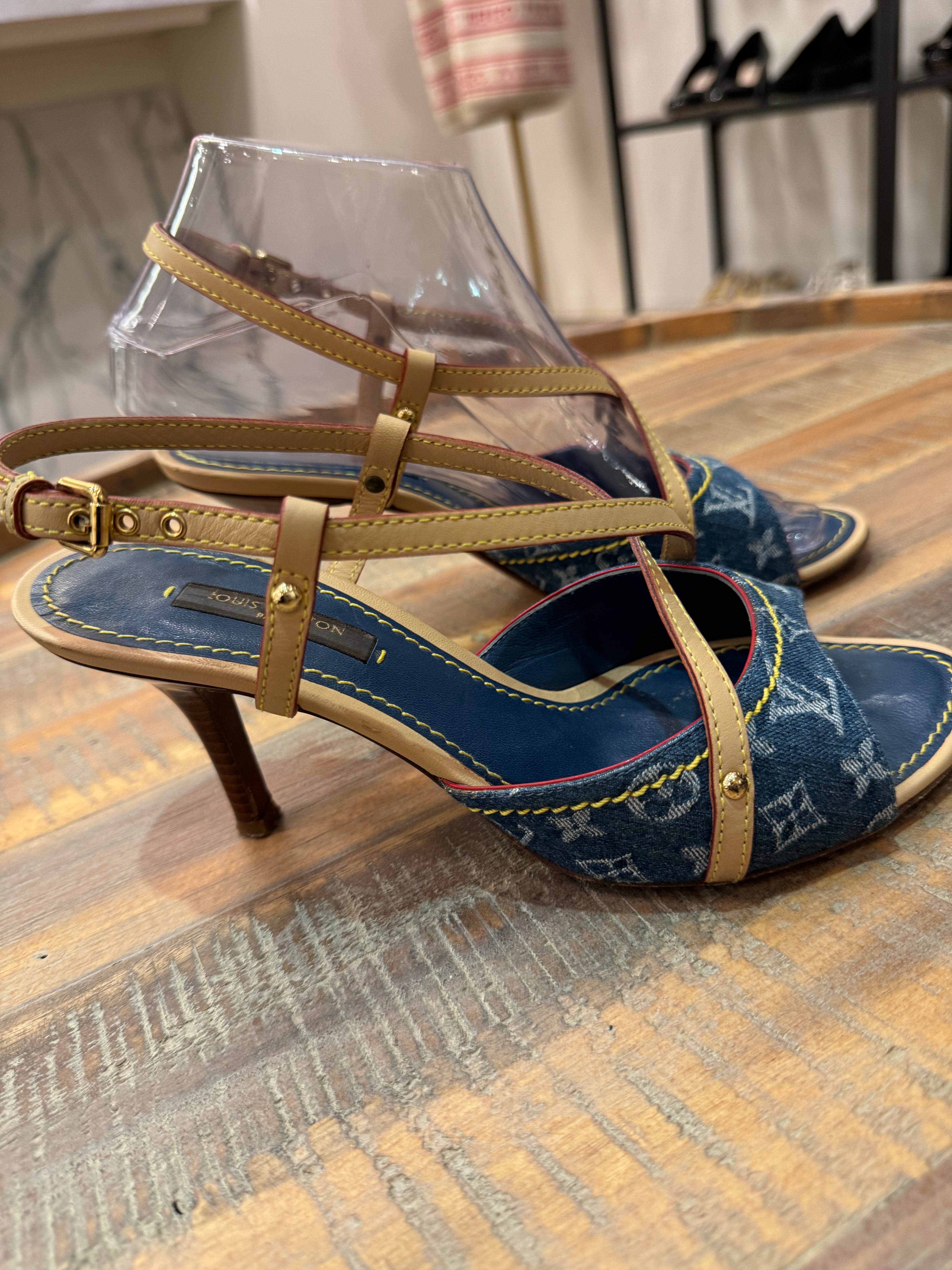 Louis Vuitton Blue Denim Monogram Denim Ankle Wrap Heels Size 36