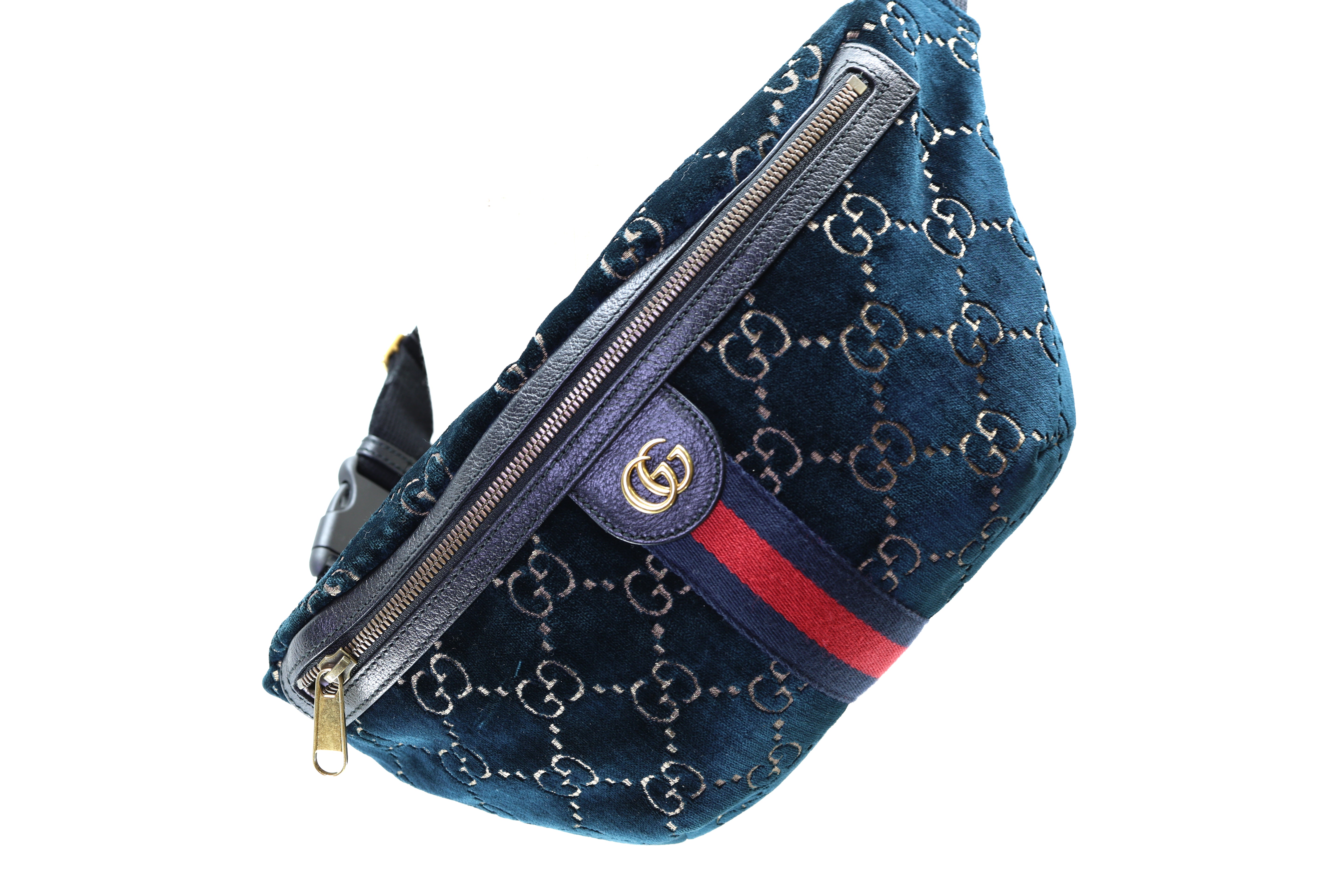 Gucci Velvet GG Monogram Web Belt Bag Blue Beige